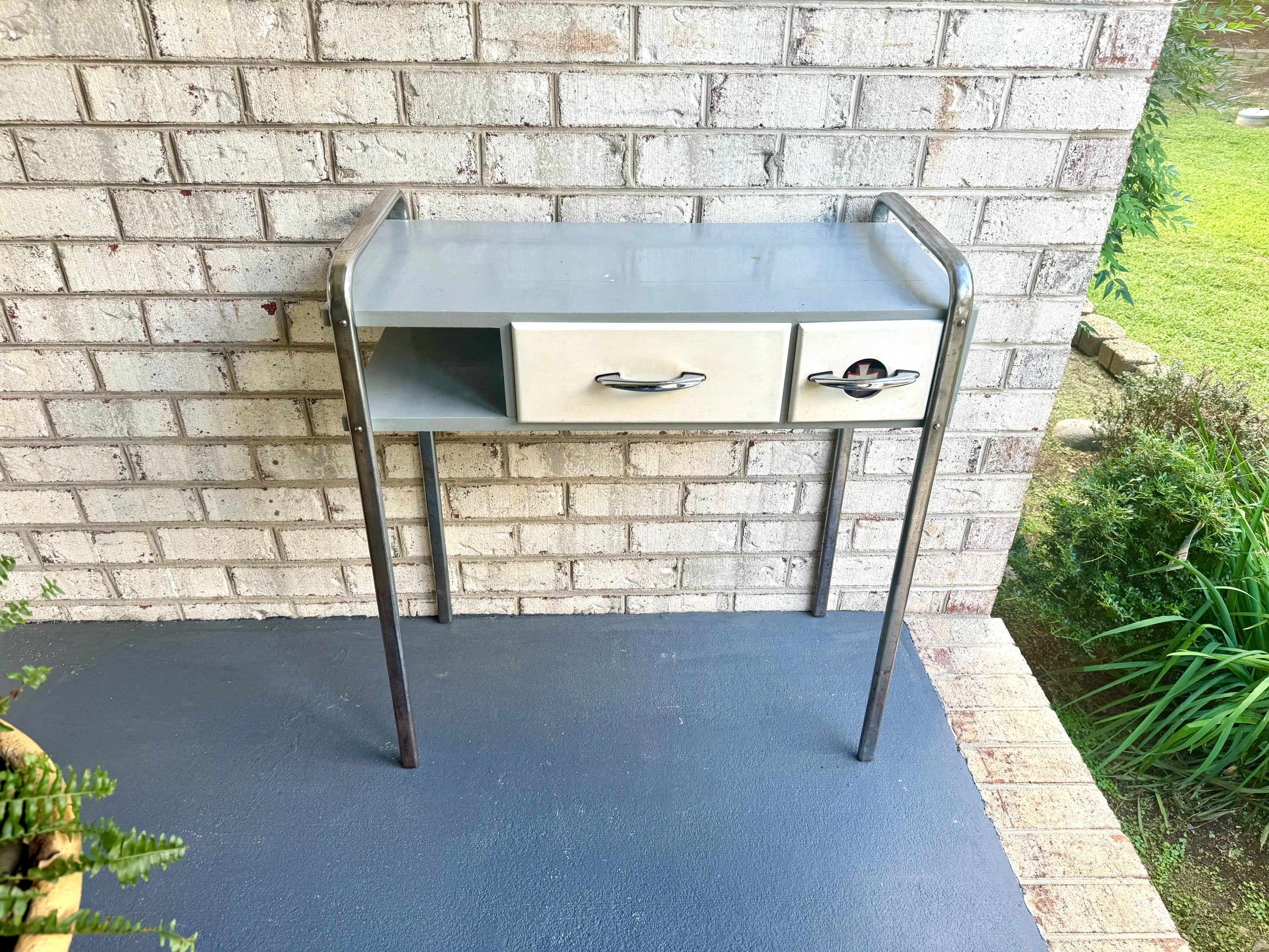 Vtg Wood Manicure Table | Royal Metal MFG Furniture | Art Deco Sterilizer Table | Gray, White & Chrome Desk