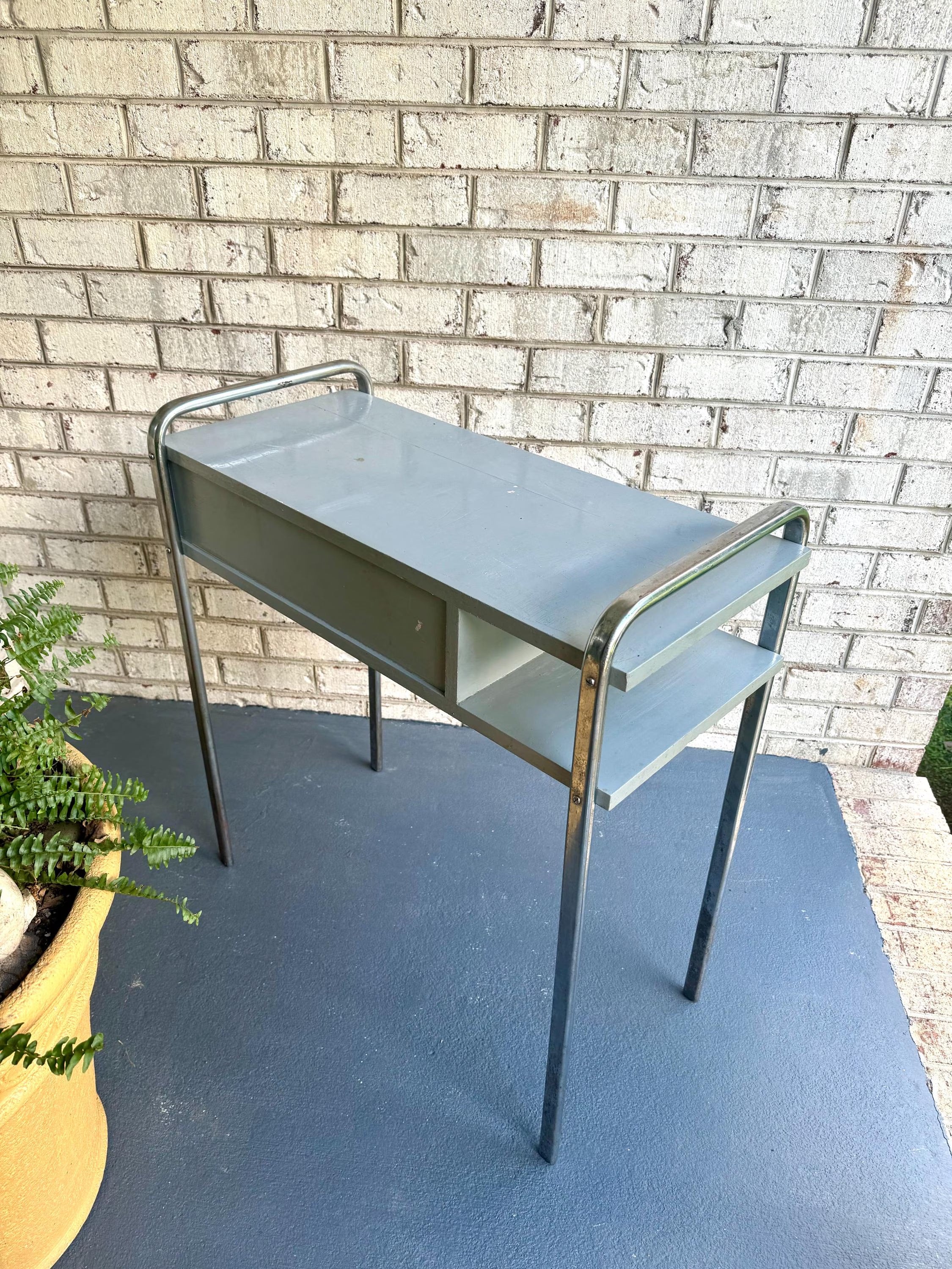 Vtg Wood Manicure Table | Royal Metal MFG Furniture | Art Deco Sterilizer Table | Gray, White & Chrome Desk