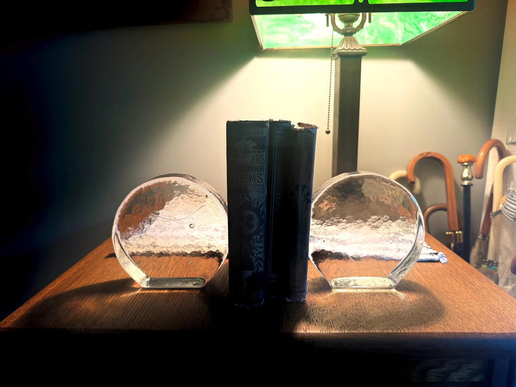 Vtg Blenko Ice Round Glass Block Bookends| Clear Solid Glass Bookends| MCM Ice Blenko Bookends| Clear Modernist Sculptural Bookends