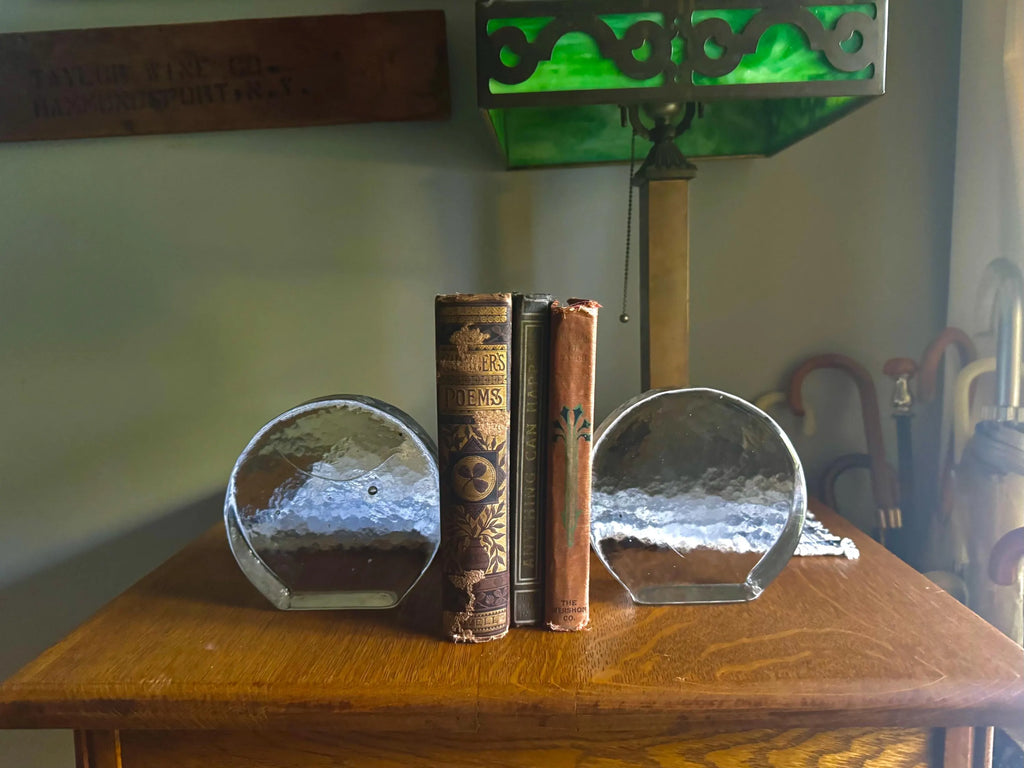 Vtg Blenko Ice Round Glass Block Bookends| Clear Solid Glass Bookends| MCM Ice Blenko Bookends| Clear Modernist Sculptural Bookends