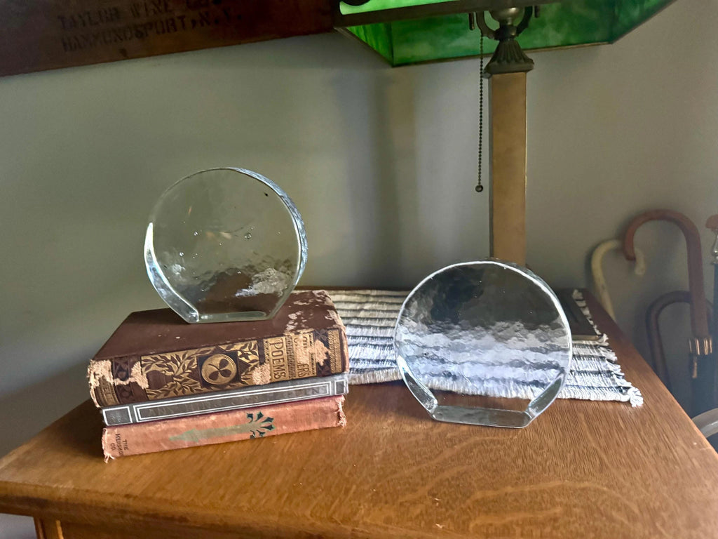 Vtg Blenko Ice Round Glass Block Bookends| Clear Solid Glass Bookends| MCM Ice Blenko Bookends| Clear Modernist Sculptural Bookends