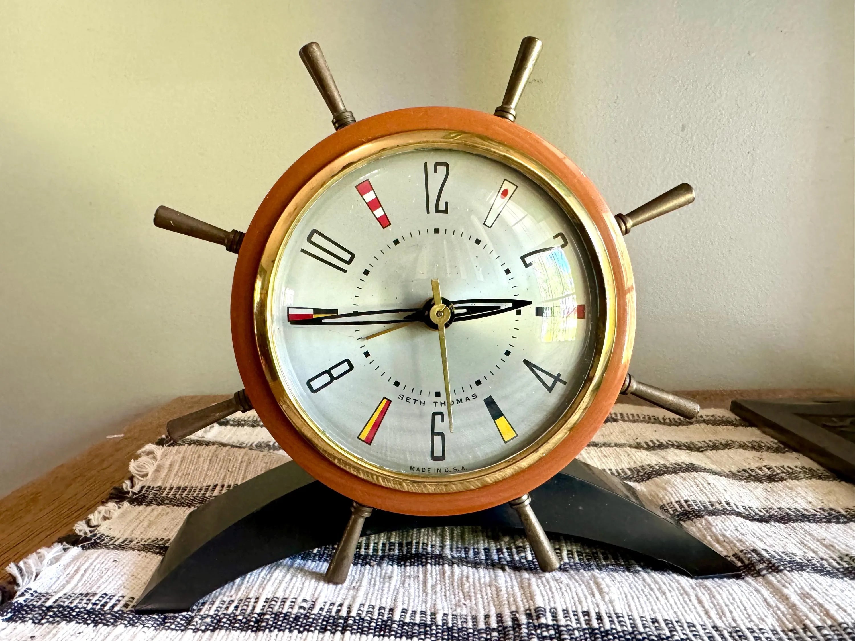 Vtg Nautical Seth Thomas Electric Clock | Seth Thomas "Rudder" Alarm Clock | Ship's Tiller Clock | Seth Thomas MCM 925-003 Clock