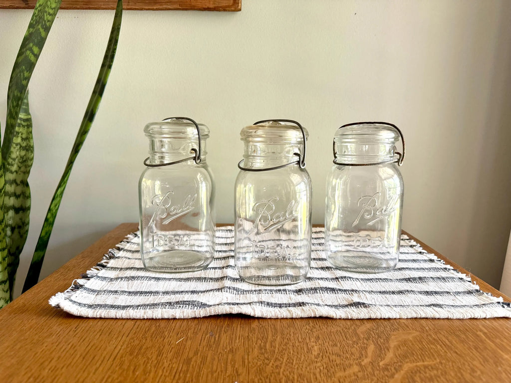 3 Antique Ball Ideal Mason Jars | 3 Clear Early Ball Ideal Mason Jars with Lids | Glass Storage Jars | 3 Ball Canning Jars