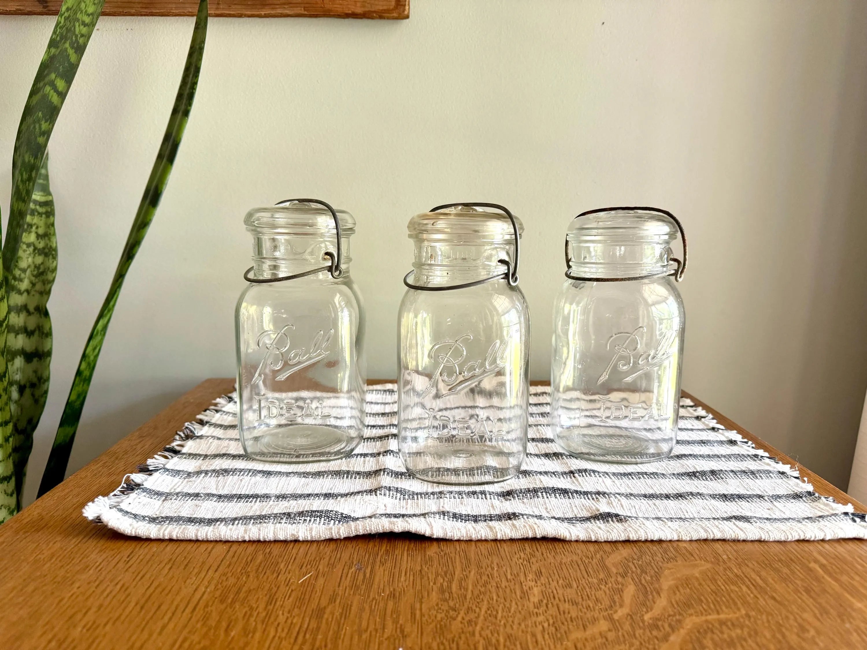3 Antique Ball Ideal Mason Jars | 3 Clear Early Ball Ideal Mason Jars with Lids | Glass Storage Jars | 3 Ball Canning Jars