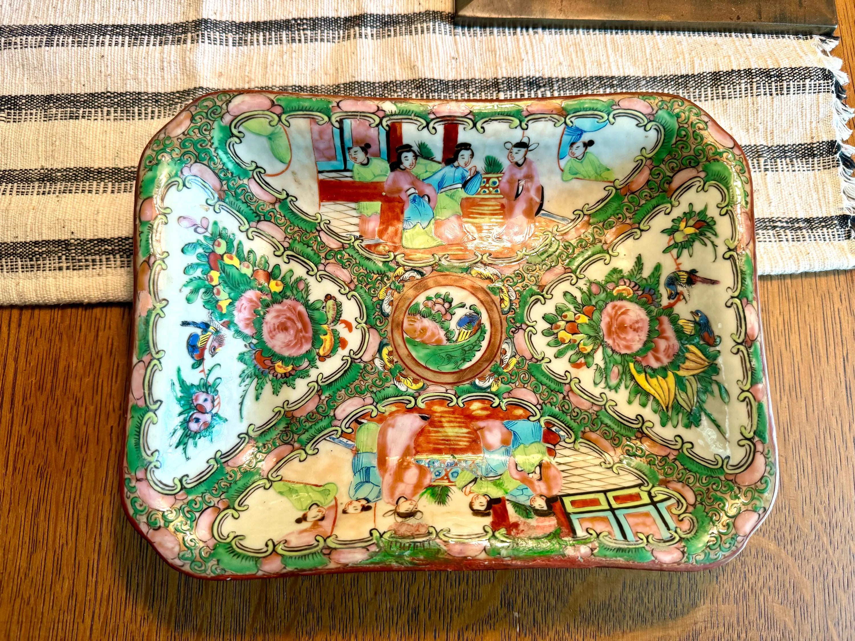 Antique Chinese Porcelain Famille Rose Medallion Serving Bowl | Chinese Famille Rose Medallion Service Dish | 1800's Ceramic Dish (repaired)