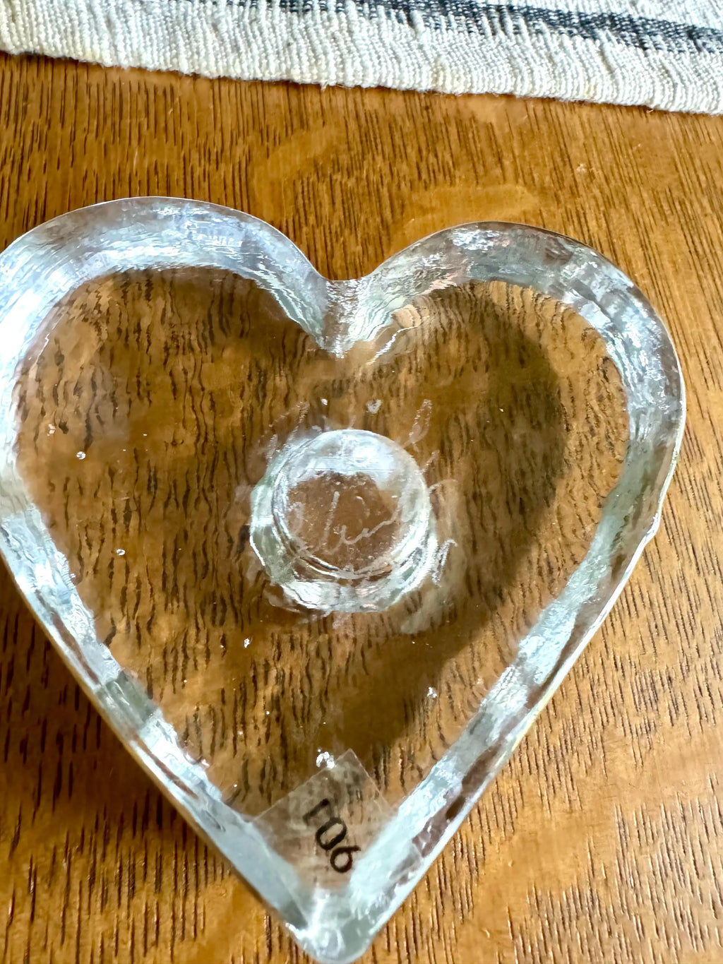 Signed Blenko Ice Heart Glass Candle Holders | Clear Solid Glass Heart Candleholders | Clear Modernist Heart Sculptural Candlestick Holders