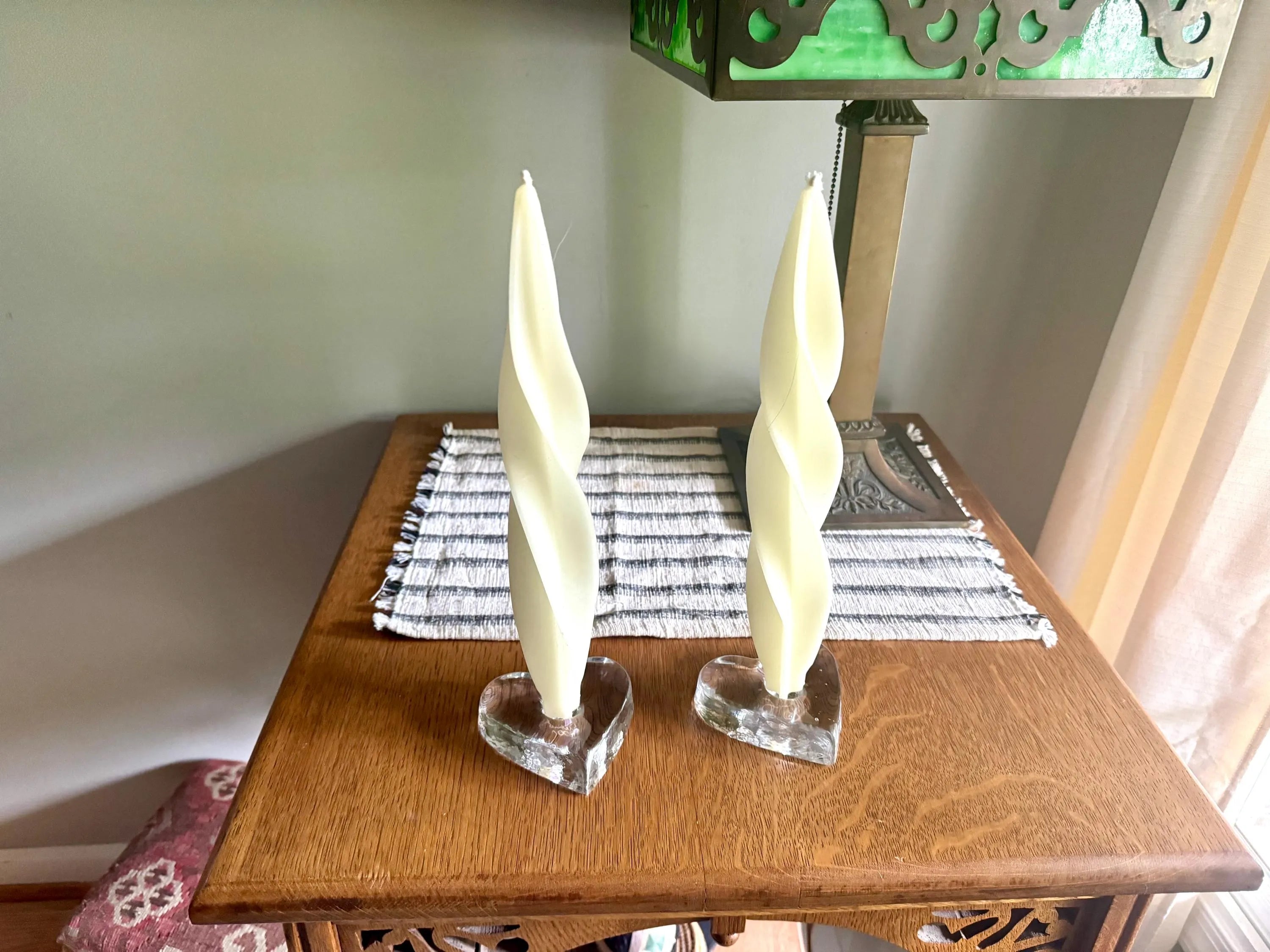 Signed Blenko Ice Heart Glass Candle Holders | Clear Solid Glass Heart Candleholders | Clear Modernist Heart Sculptural Candlestick Holders