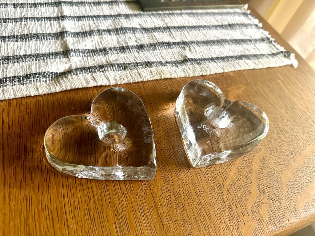Signed Blenko Ice Heart Glass Candle Holders | Clear Solid Glass Heart Candleholders | Clear Modernist Heart Sculptural Candlestick Holders