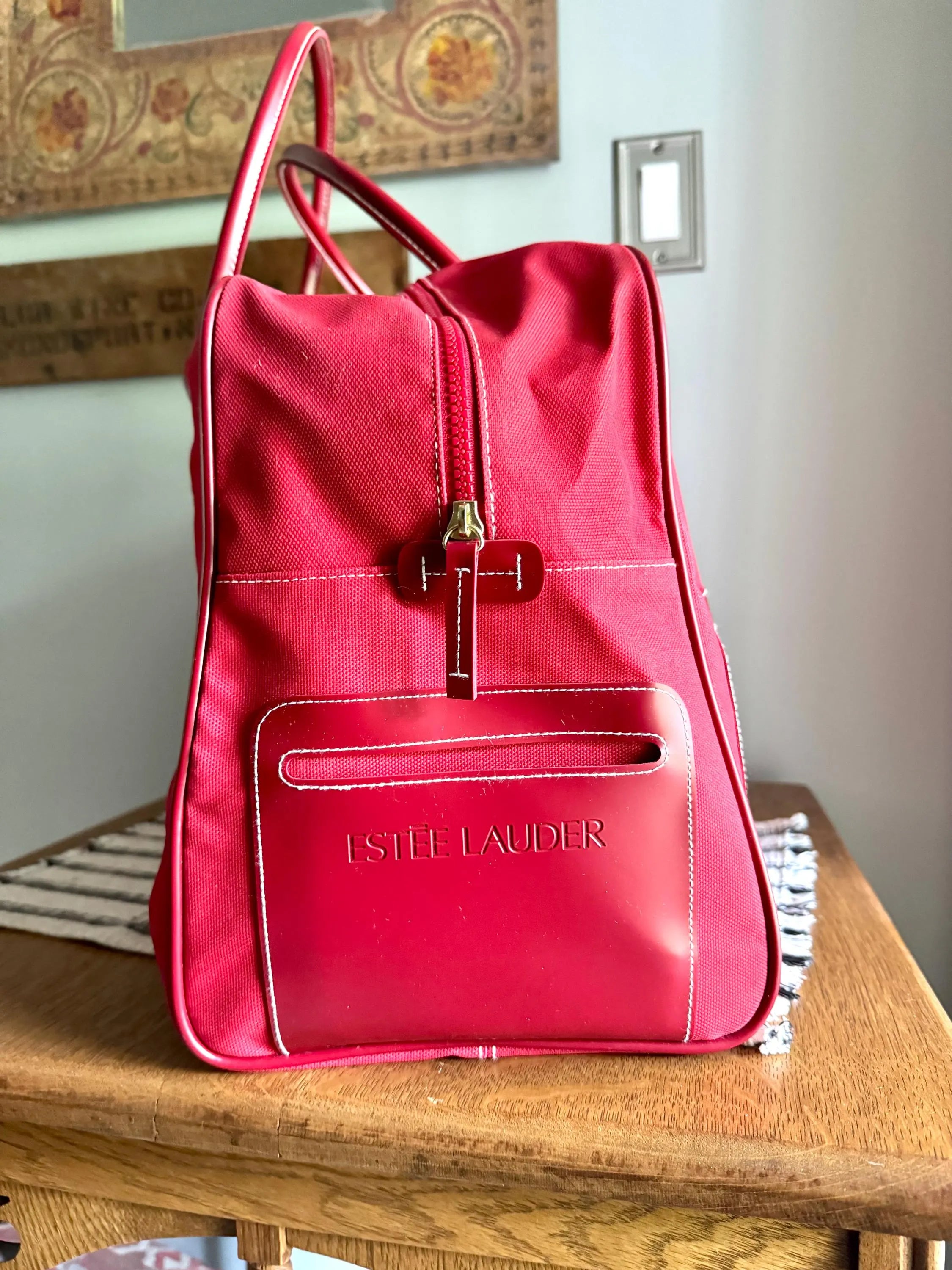 Vtg Estee Lauder Duffel Bag | Red Canvas and Vinyl Hand Bag | Over Night Bag | Estee Lauder Bag | Carry on Bag | Gym Bag
