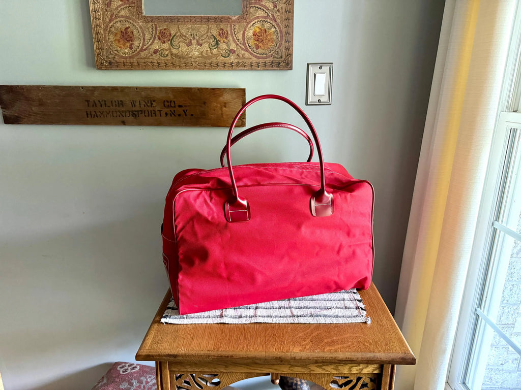 Vtg Estee Lauder Duffel Bag | Red Canvas and Vinyl Hand Bag | Over Night Bag | Estee Lauder Bag | Carry on Bag | Gym Bag