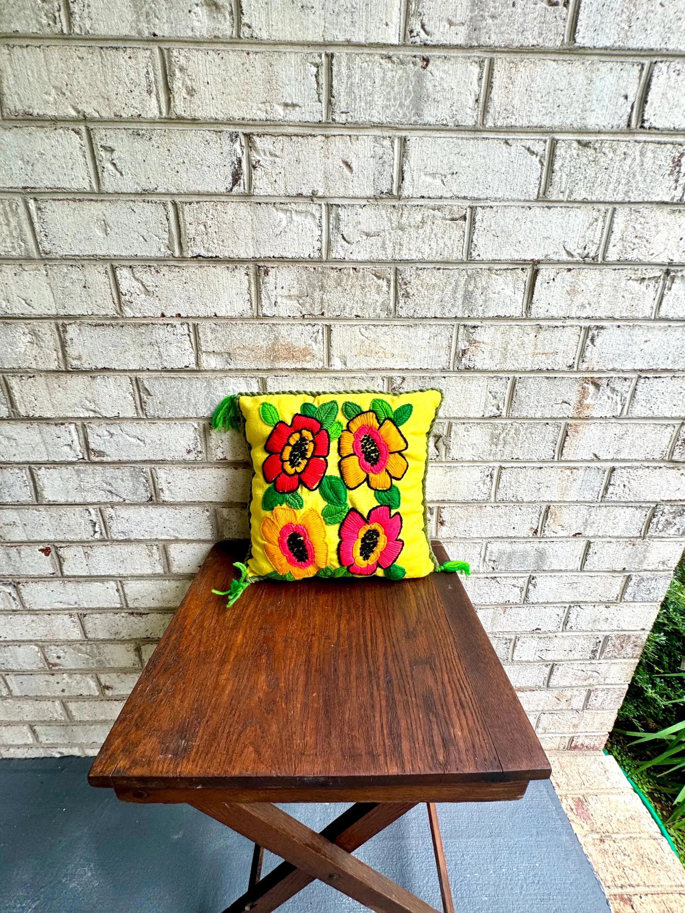 Vintage Embroidered Accent Pillow | Hooked Palermo Floral Throw Pillow | Bright Embroidered Pillow | Decorative Floral Pillow | Crewel Work