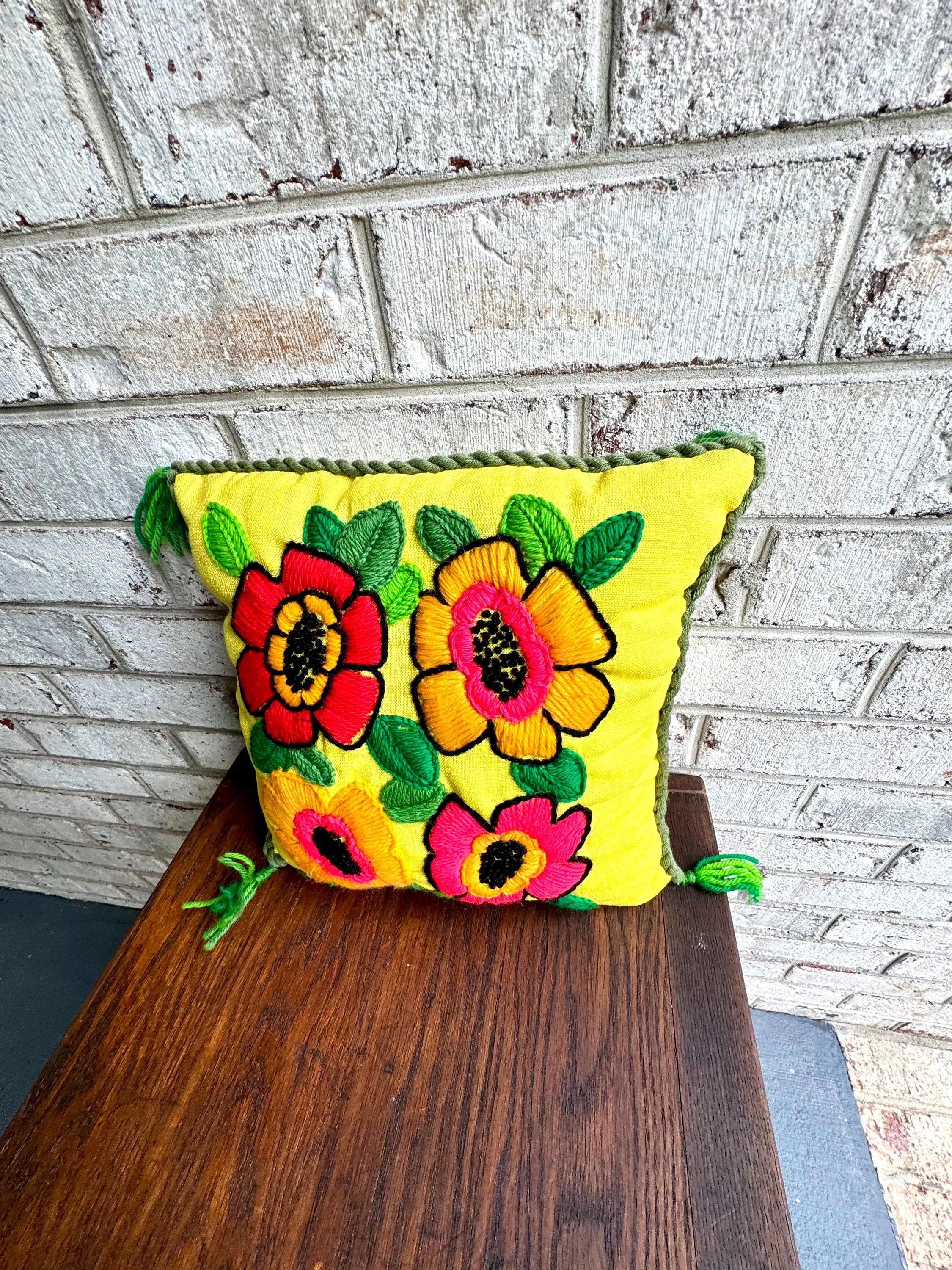 Vintage Embroidered Accent Pillow | Hooked Palermo Floral Throw Pillow | Bright Embroidered Pillow | Decorative Floral Pillow | Crewel Work