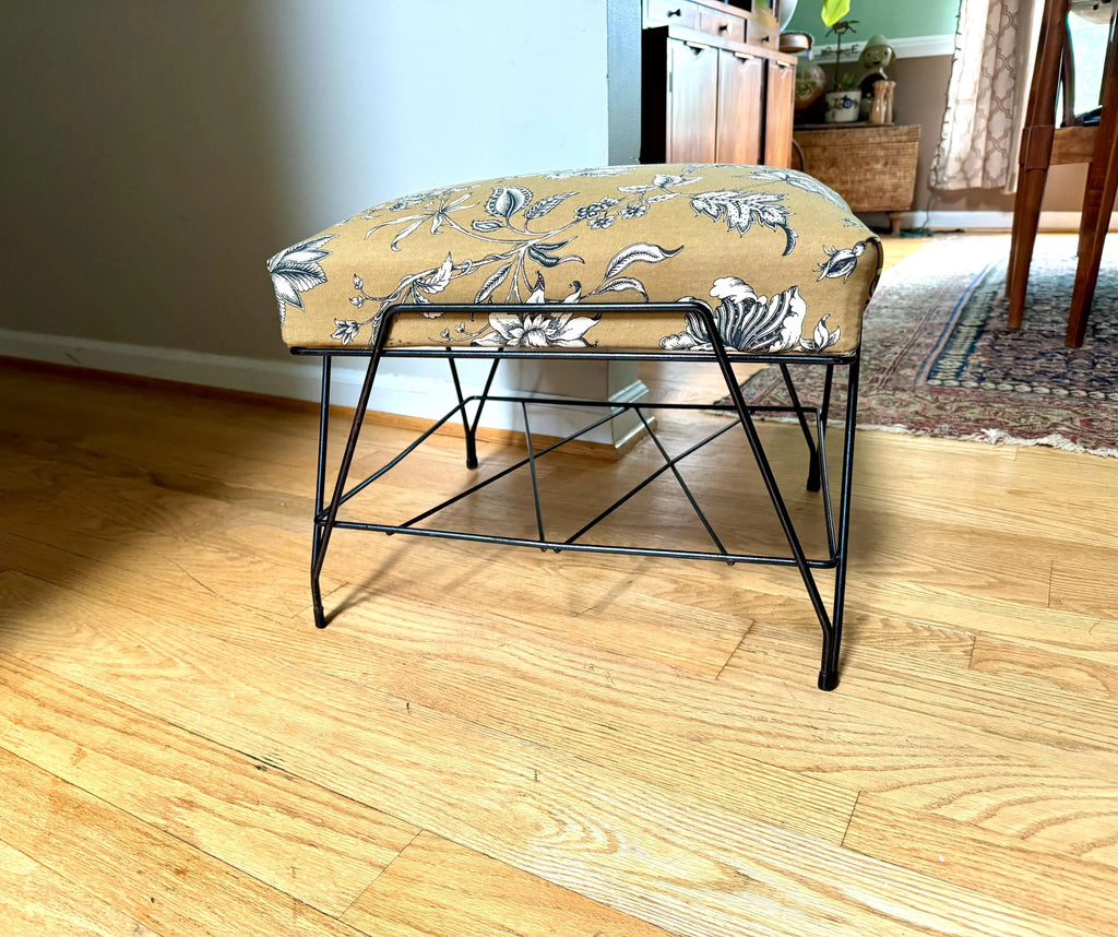 MCM Wire ottoman | Mid Century Modern Wire Footstool | Wire Footrest | Cushioned Ottoman | Floral Print Ottoman