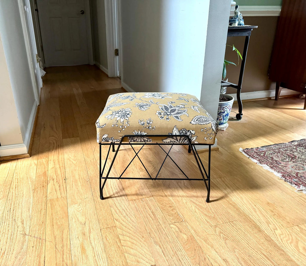 MCM Wire ottoman | Mid Century Modern Wire Footstool | Wire Footrest | Cushioned Ottoman | Floral Print Ottoman