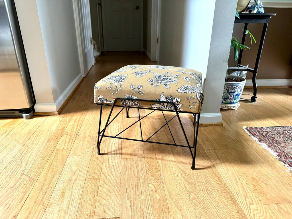 MCM Wire ottoman | Mid Century Modern Wire Footstool | Wire Footrest | Cushioned Ottoman | Floral Print Ottoman