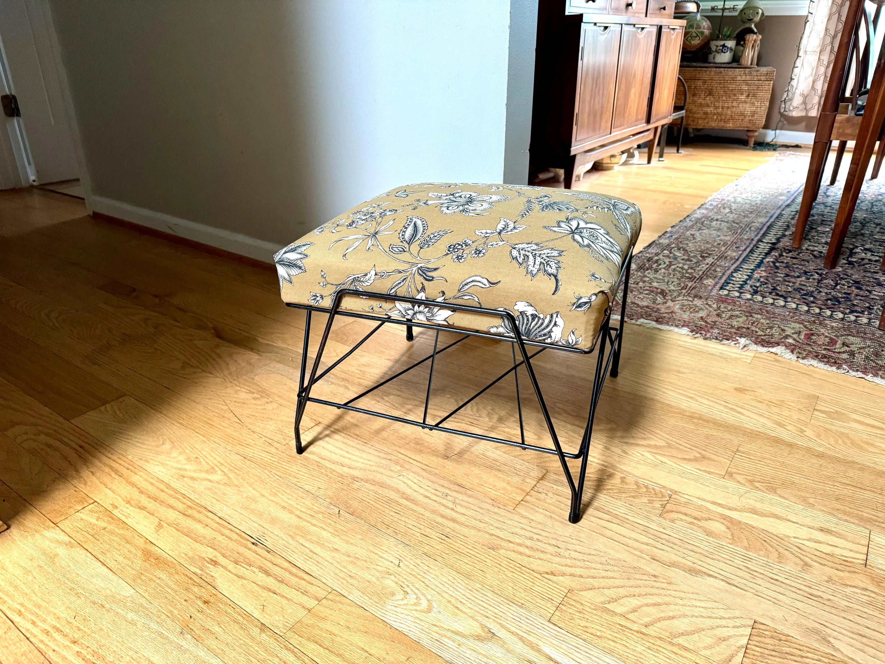 MCM Wire ottoman | Mid Century Modern Wire Footstool | Wire Footrest | Cushioned Ottoman | Floral Print Ottoman