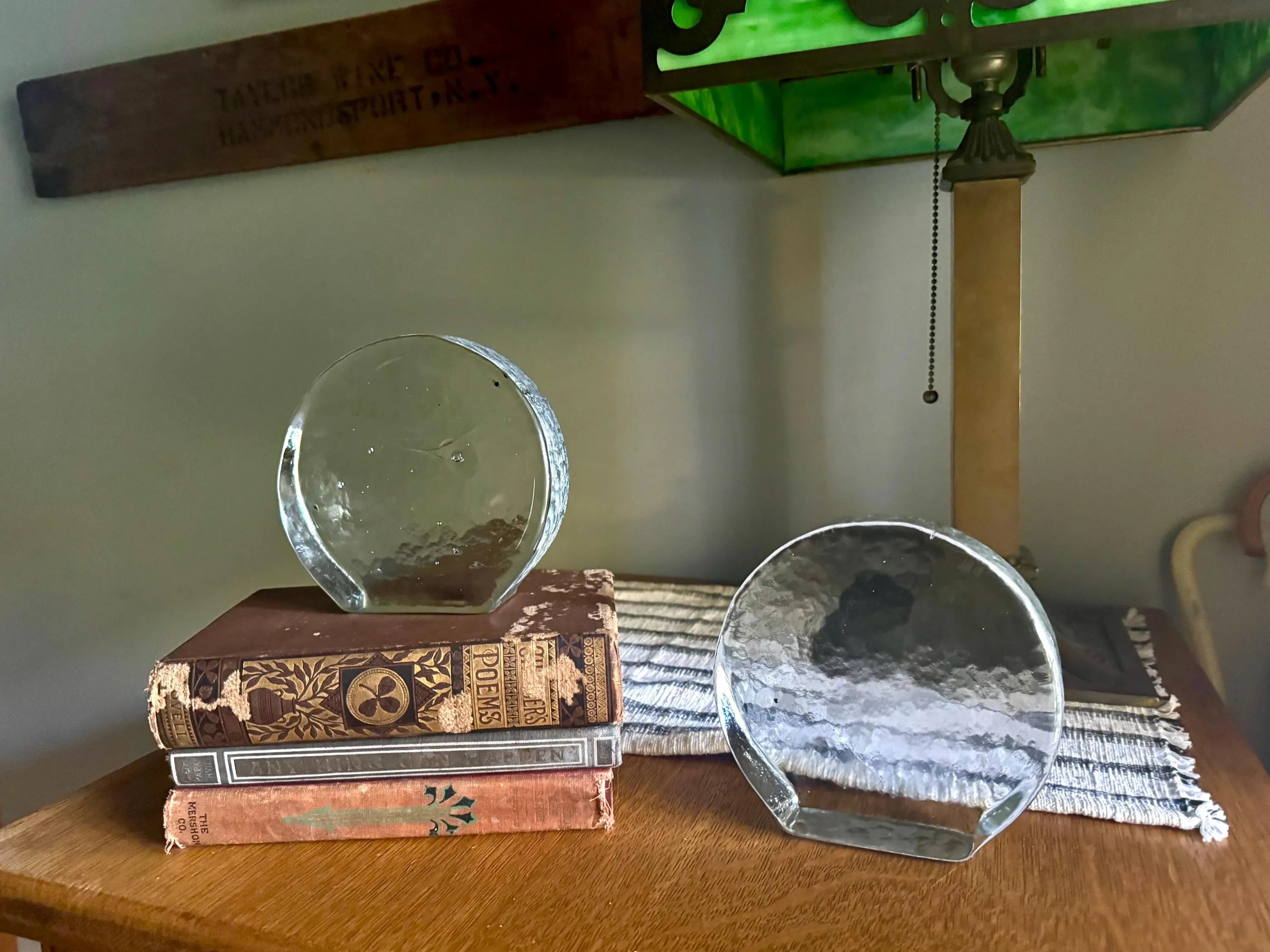 Vtg Blenko Ice Round Glass Block Bookends| Clear Solid Glass Bookends| MCM Ice Blenko Bookends| Clear Modernist Sculptural Bookends