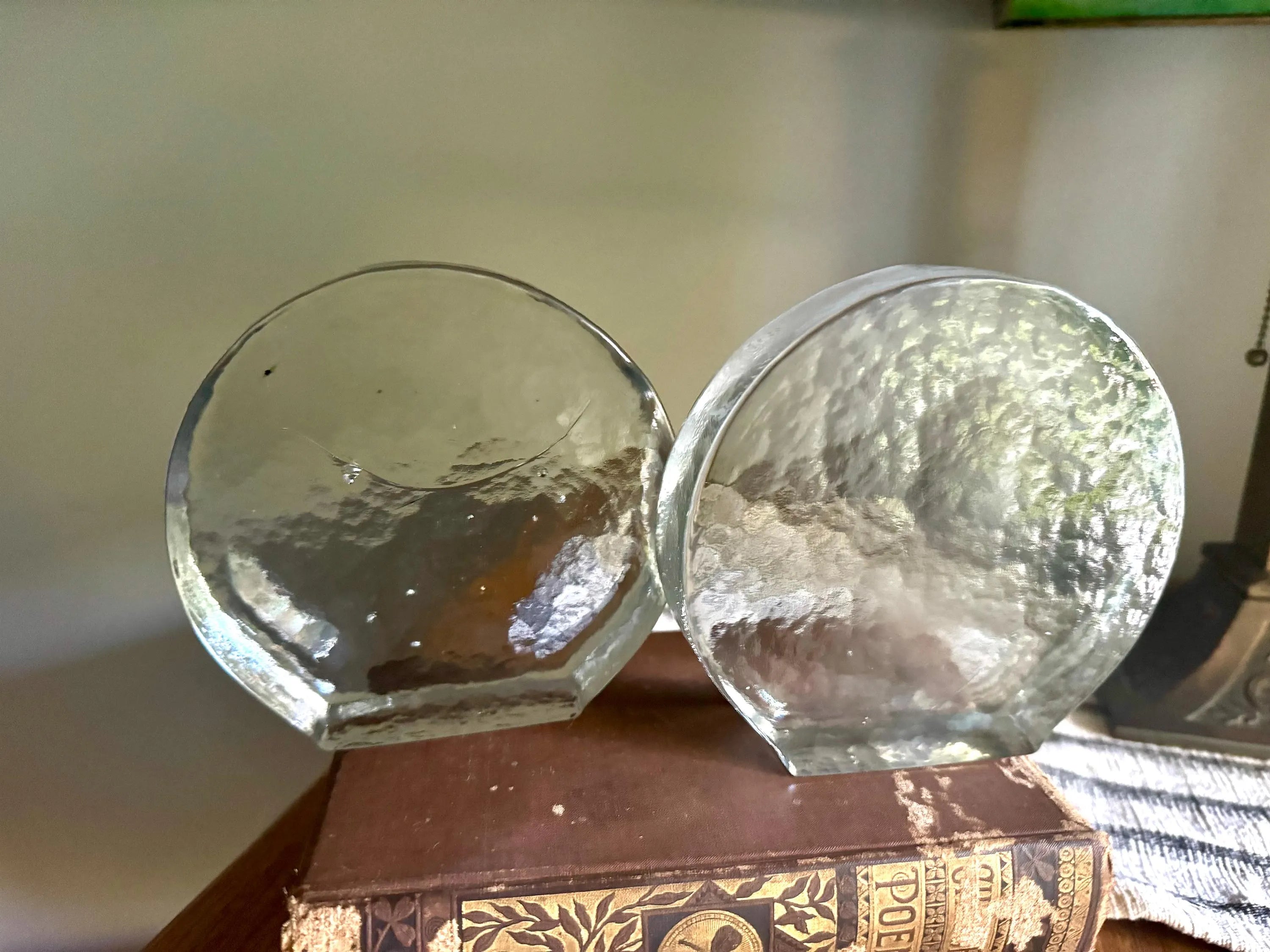 Vtg Blenko Ice Round Glass Block Bookends| Clear Solid Glass Bookends| MCM Ice Blenko Bookends| Clear Modernist Sculptural Bookends