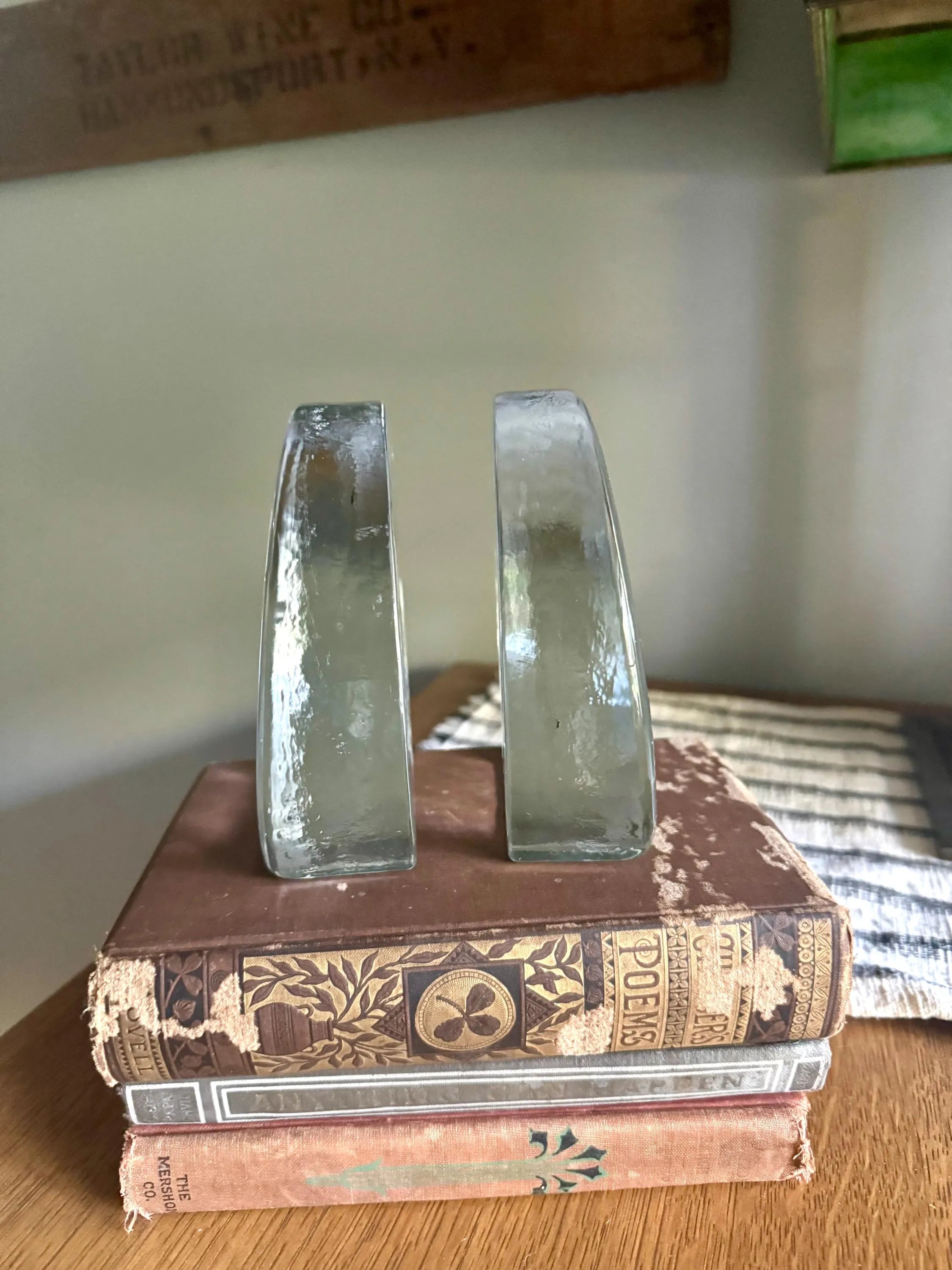 Vtg Blenko Ice Round Glass Block Bookends| Clear Solid Glass Bookends| MCM Ice Blenko Bookends| Clear Modernist Sculptural Bookends