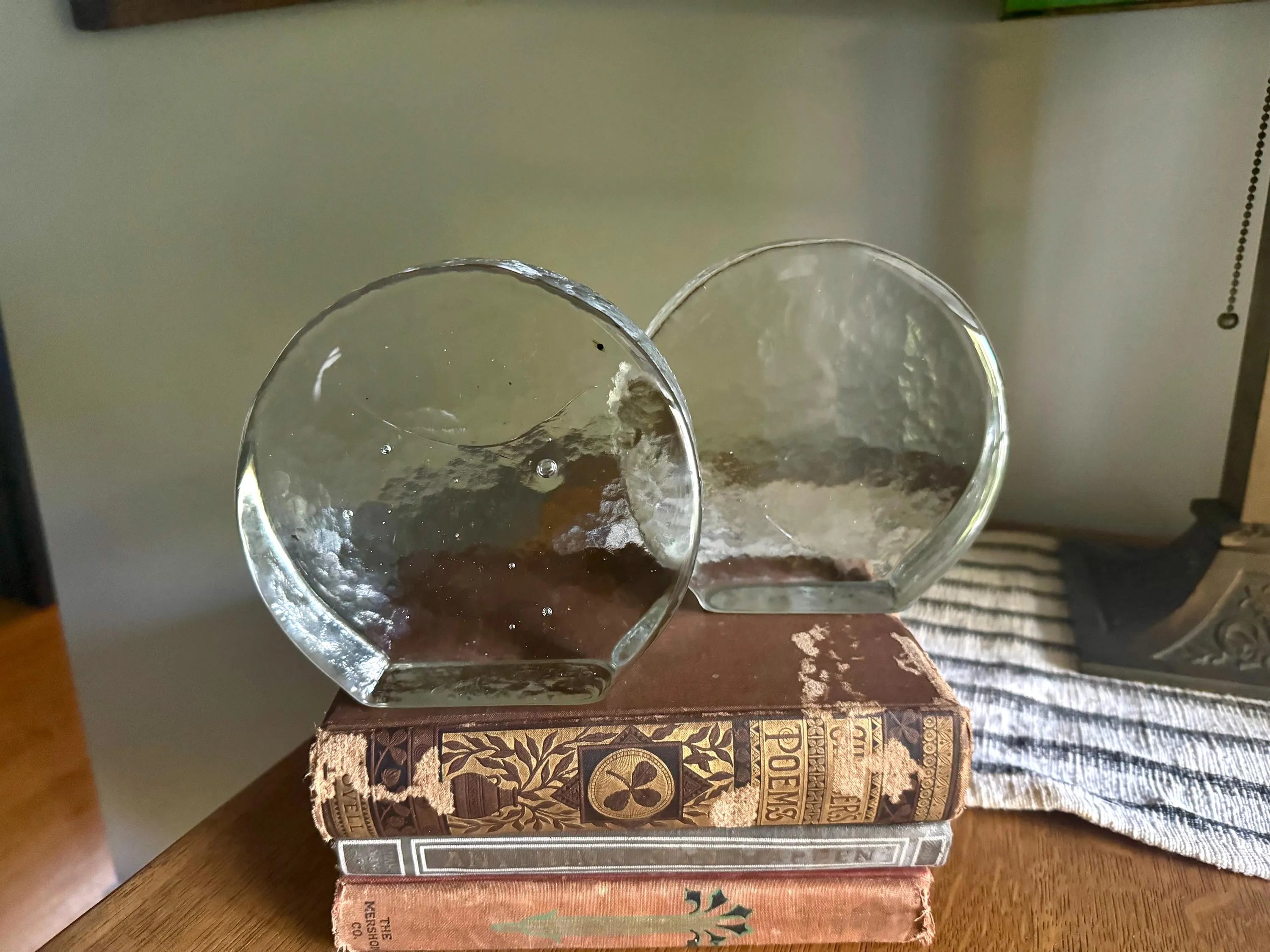 Vtg Blenko Ice Round Glass Block Bookends| Clear Solid Glass Bookends| MCM Ice Blenko Bookends| Clear Modernist Sculptural Bookends