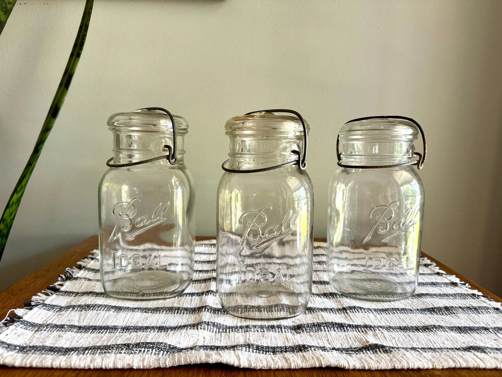 3 Antique Ball Ideal Mason Jars | 3 Clear Early Ball Ideal Mason Jars with Lids | Glass Storage Jars | 3 Ball Canning Jars