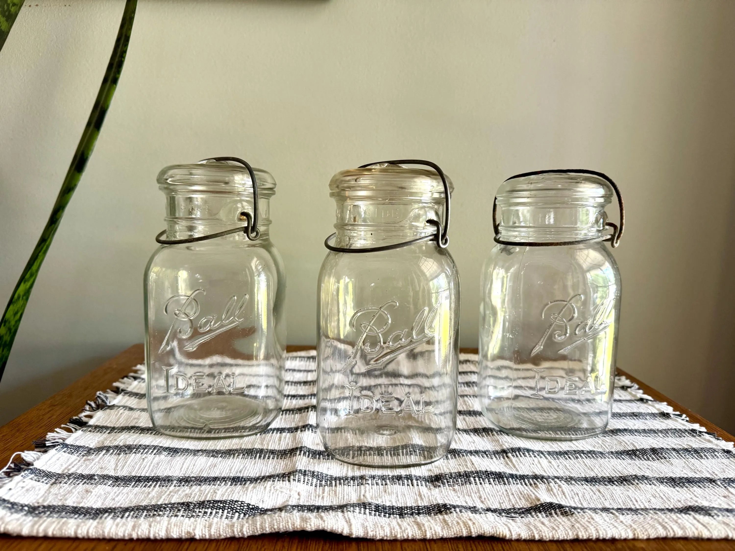 3 Antique Ball Ideal Mason Jars | 3 Clear Early Ball Ideal Mason Jars with Lids | Glass Storage Jars | 3 Ball Canning Jars