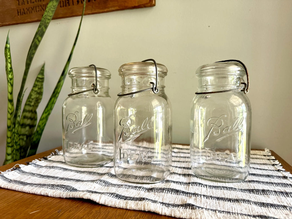 3 Antique Ball Ideal Mason Jars | 3 Clear Early Ball Ideal Mason Jars with Lids | Glass Storage Jars | 3 Ball Canning Jars