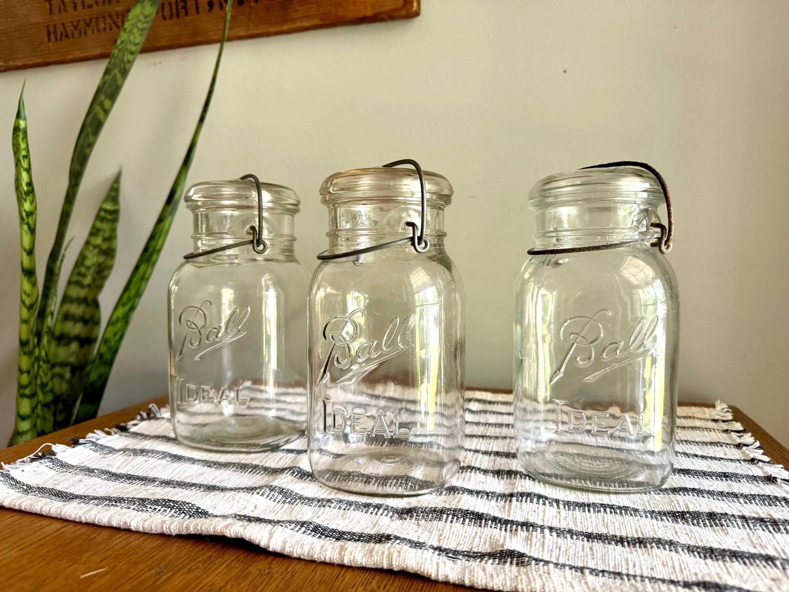 3 Antique Ball Ideal Mason Jars | 3 Clear Early Ball Ideal Mason Jars with Lids | Glass Storage Jars | 3 Ball Canning Jars