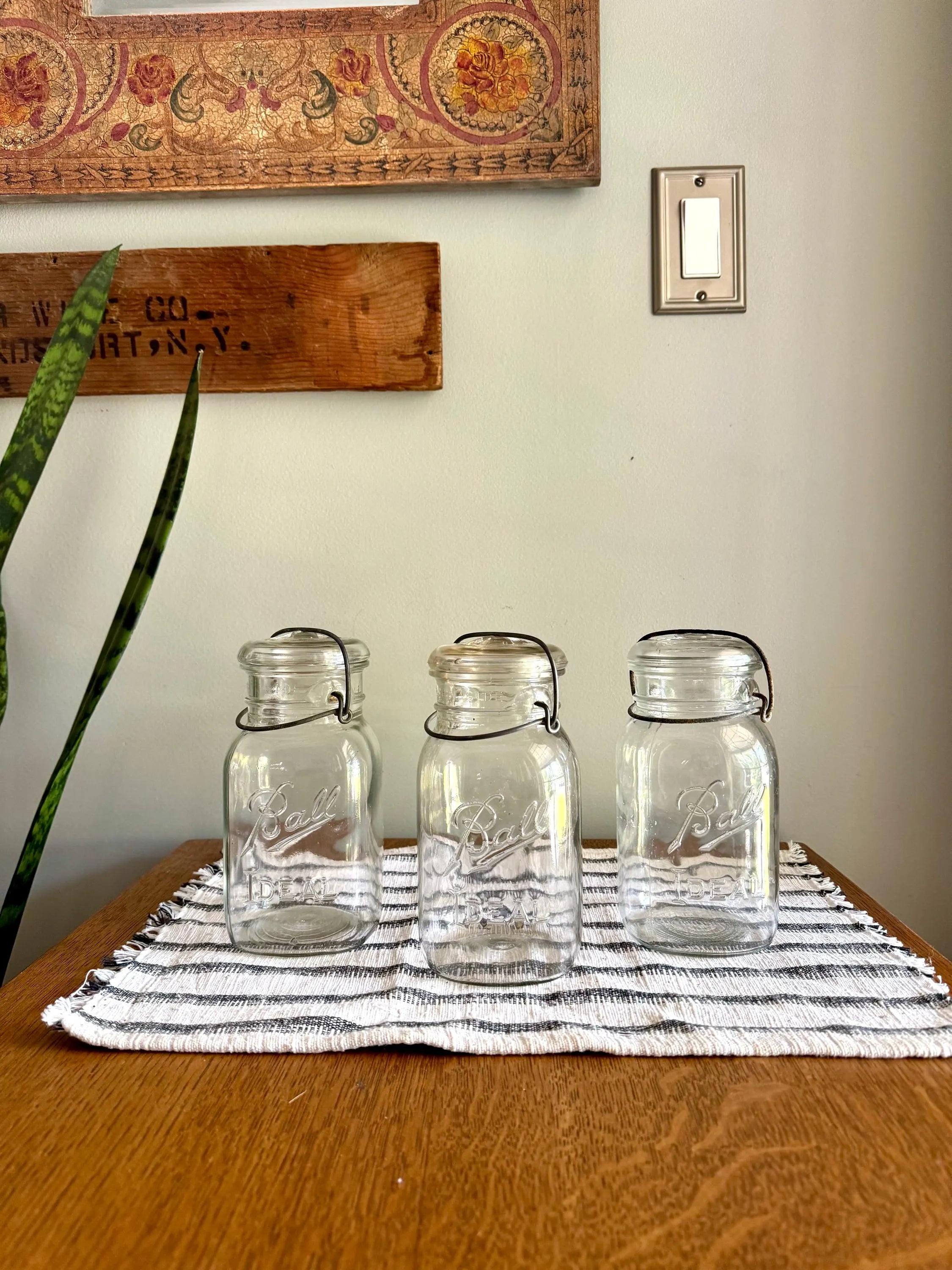 3 Antique Ball Ideal Mason Jars | 3 Clear Early Ball Ideal Mason Jars with Lids | Glass Storage Jars | 3 Ball Canning Jars