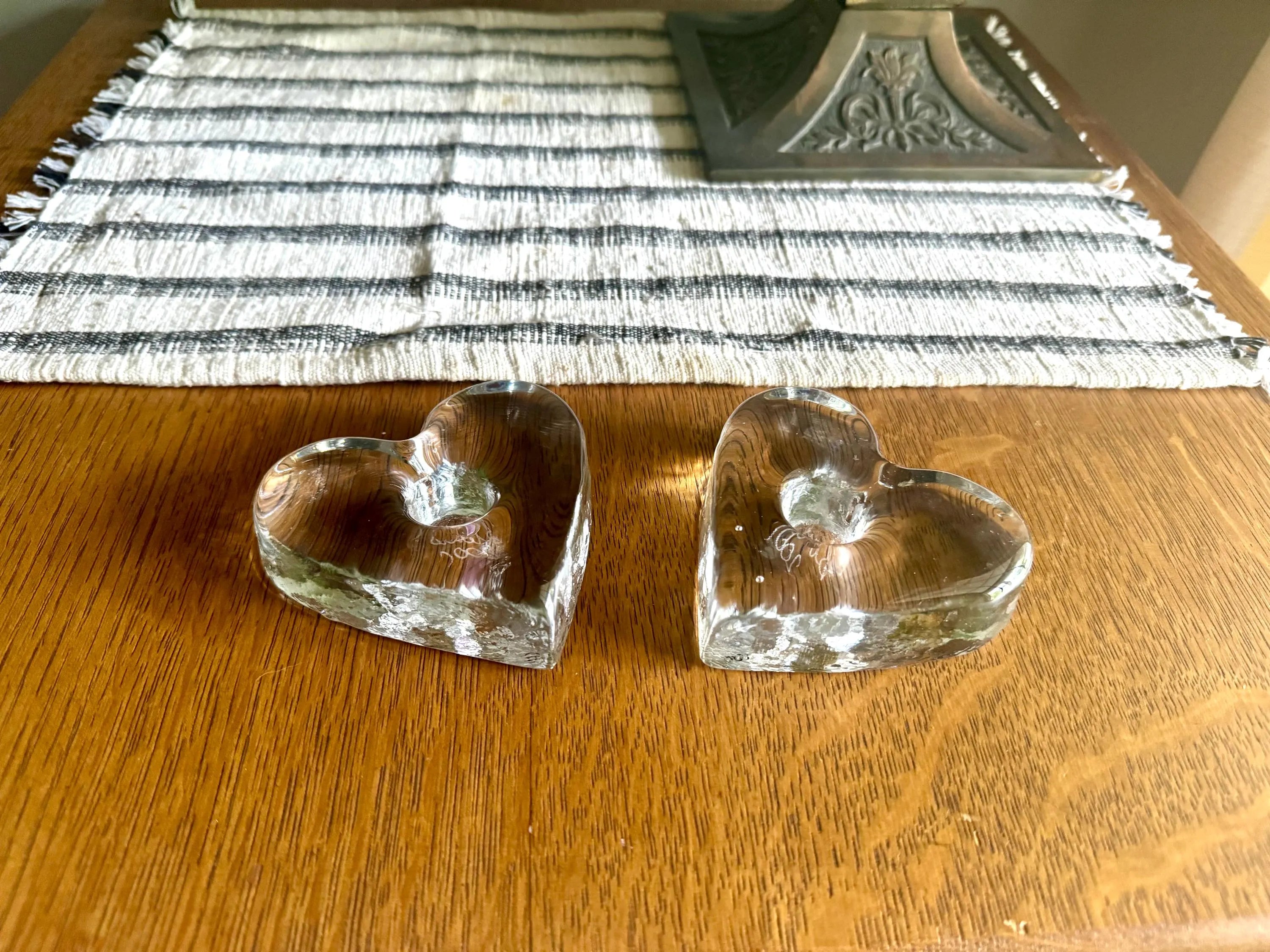Signed Blenko Ice Heart Glass Candle Holders | Clear Solid Glass Heart Candleholders | Clear Modernist Heart Sculptural Candlestick Holders