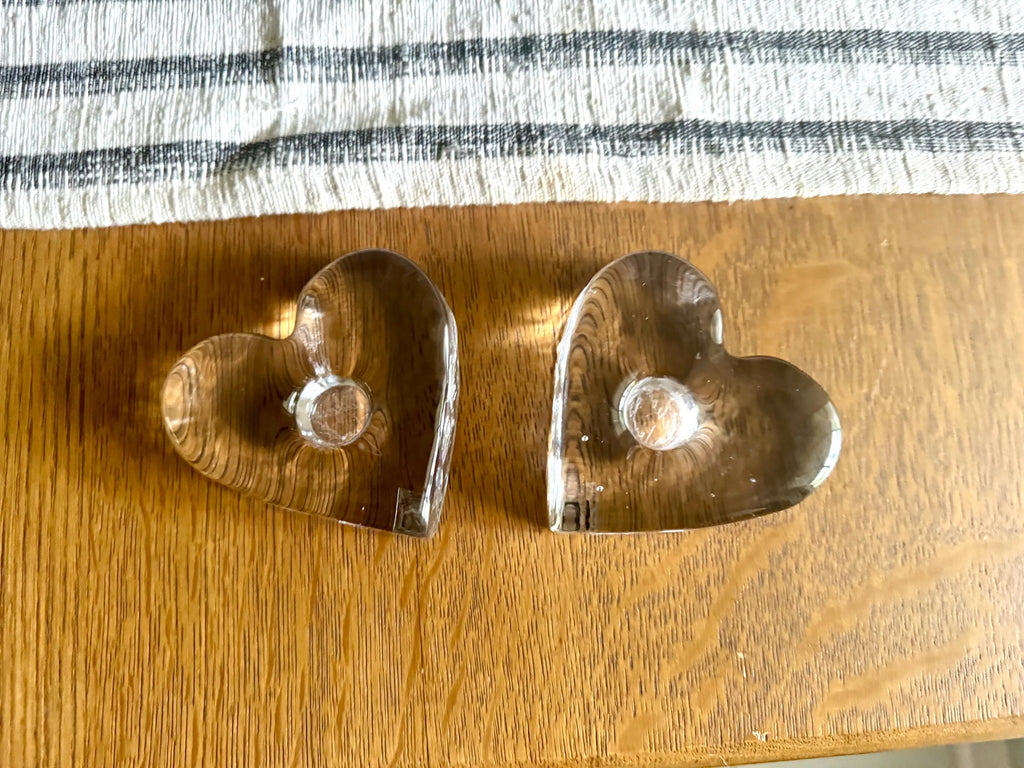 Signed Blenko Ice Heart Glass Candle Holders | Clear Solid Glass Heart Candleholders | Clear Modernist Heart Sculptural Candlestick Holders
