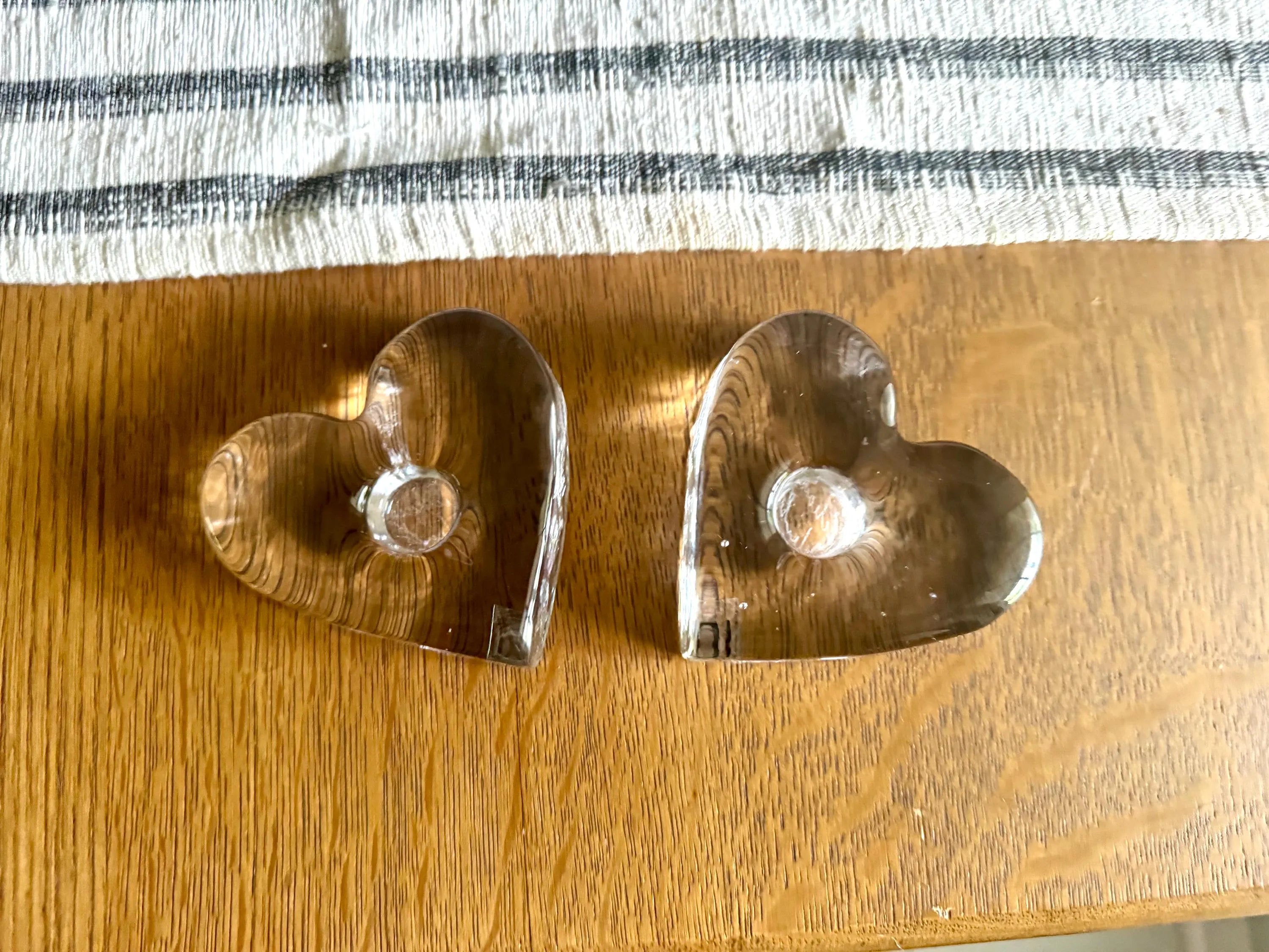 Signed Blenko Ice Heart Glass Candle Holders | Clear Solid Glass Heart Candleholders | Clear Modernist Heart Sculptural Candlestick Holders