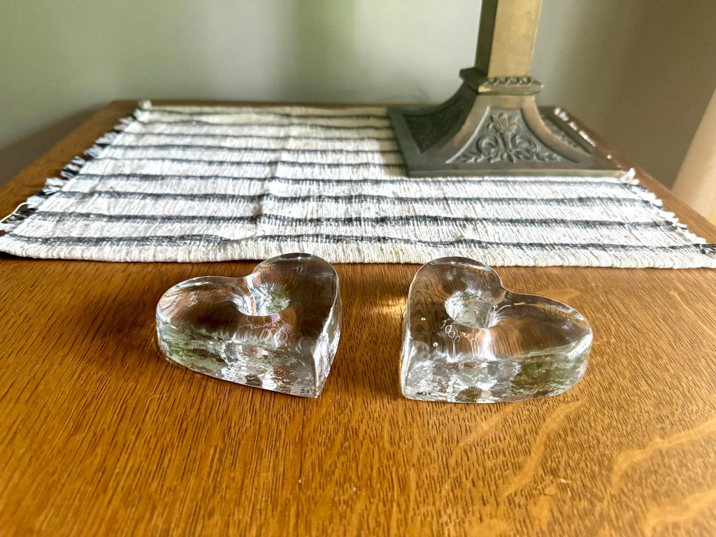 Signed Blenko Ice Heart Glass Candle Holders | Clear Solid Glass Heart Candleholders | Clear Modernist Heart Sculptural Candlestick Holders