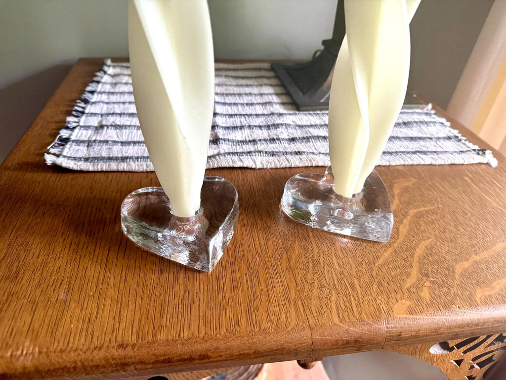 Signed Blenko Ice Heart Glass Candle Holders | Clear Solid Glass Heart Candleholders | Clear Modernist Heart Sculptural Candlestick Holders