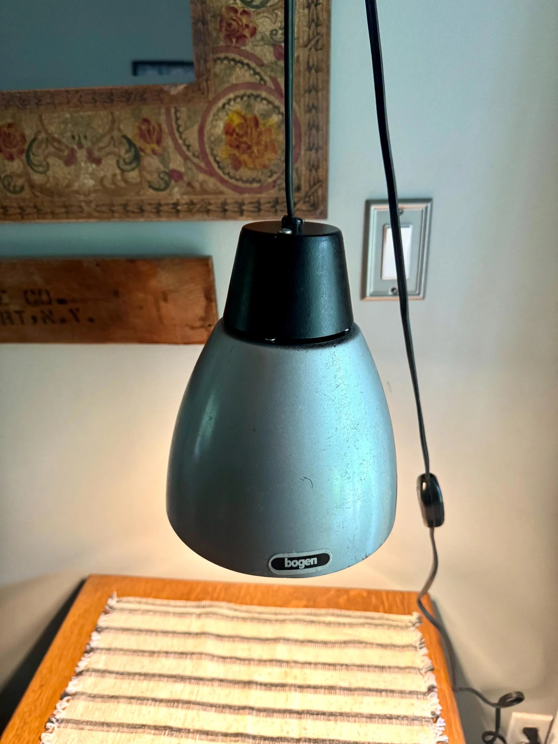 Vintage Bogen Enlarger Lamp | Coned Shade Hanging Lamp | Photography Pendant Lamp | Silver and Black Bogen 35 Enlarger Lamp |