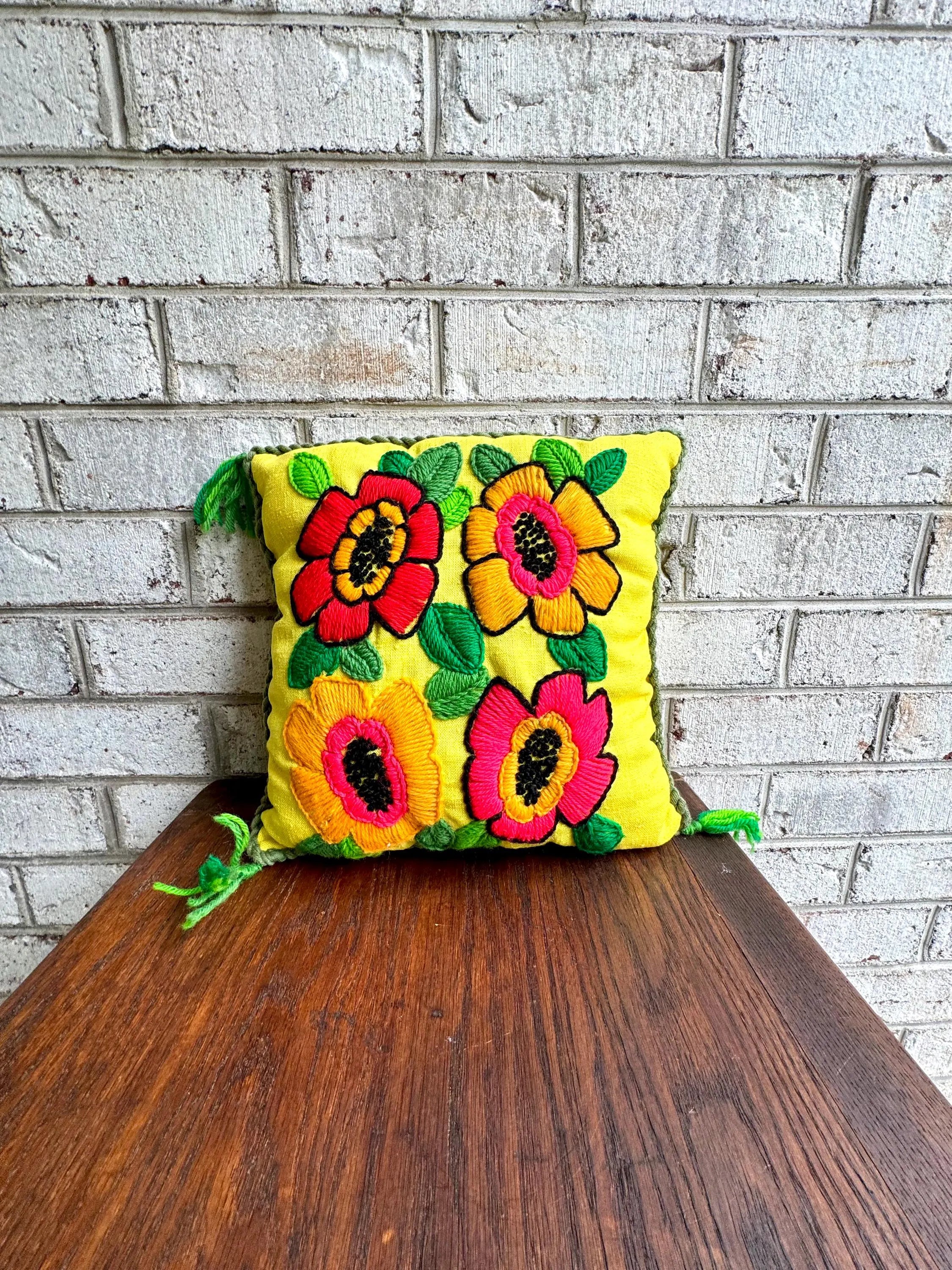Vintage Embroidered Accent Pillow | Hooked Palermo Floral Throw Pillow | Bright Embroidered Pillow | Decorative Floral Pillow | Crewel Work