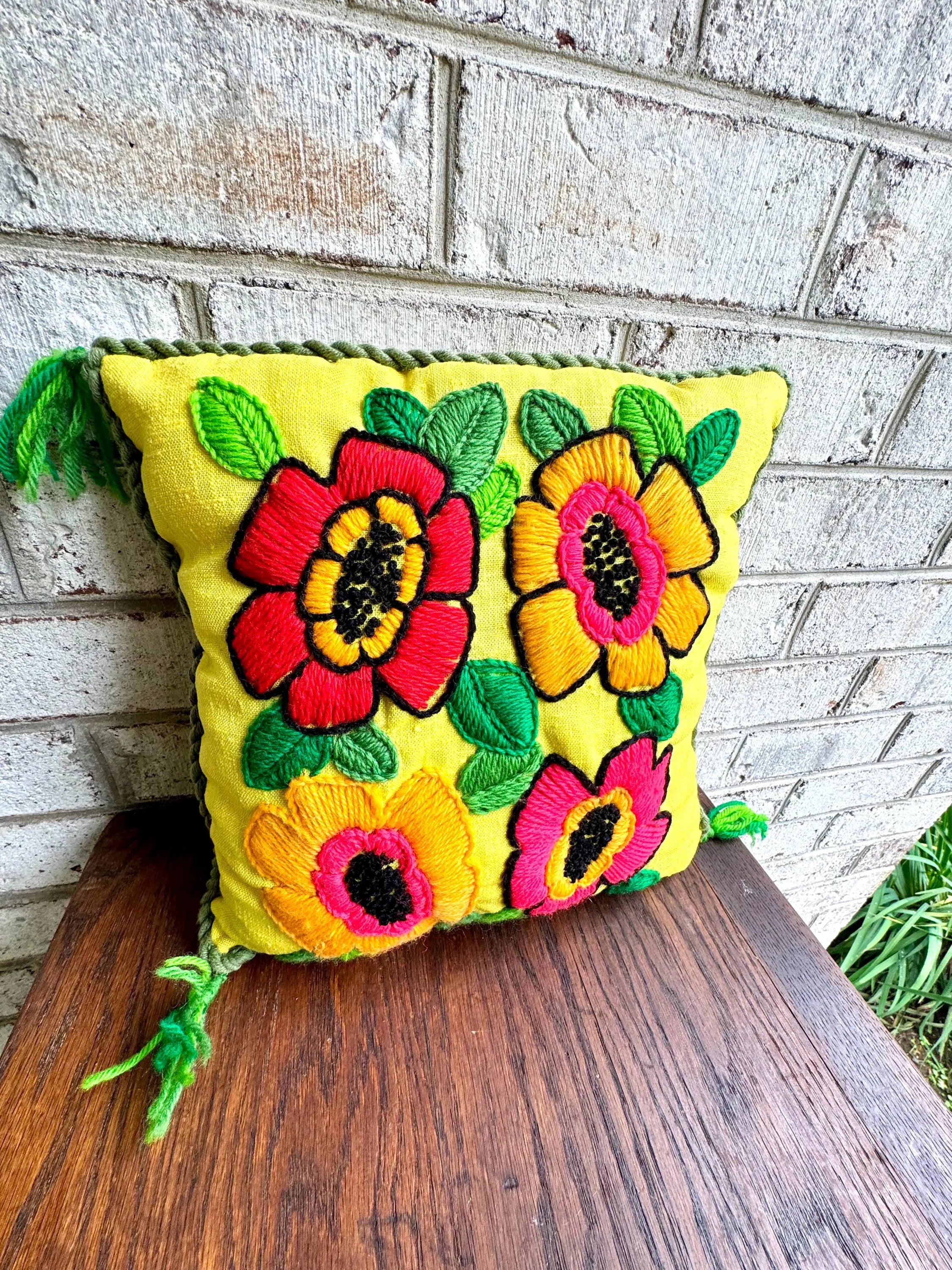 Vintage Embroidered Accent Pillow | Hooked Palermo Floral Throw Pillow | Bright Embroidered Pillow | Decorative Floral Pillow | Crewel Work