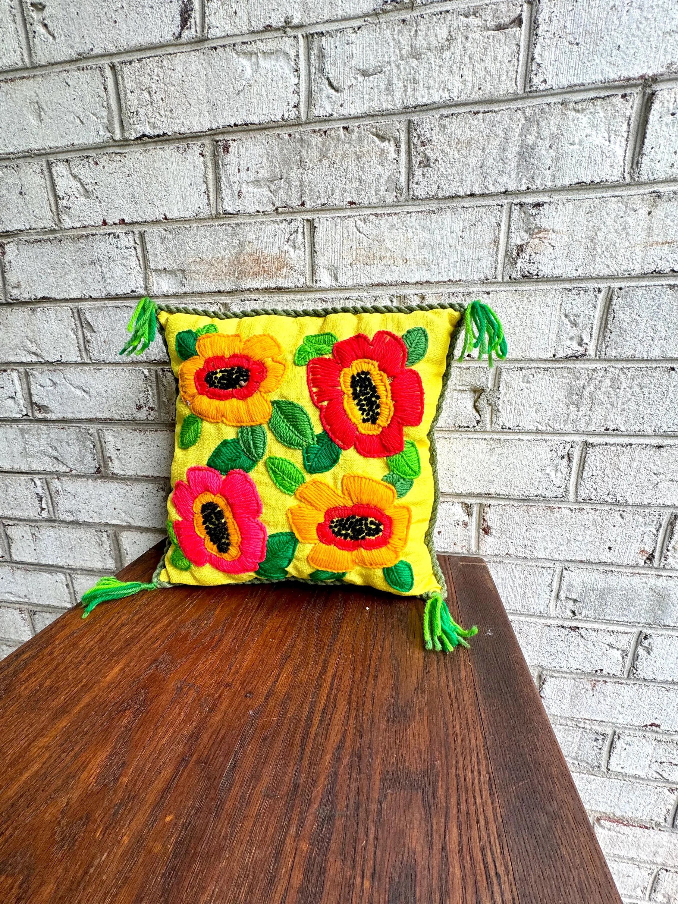 Vintage Embroidered Accent Pillow | Hooked Palermo Floral Throw Pillow | Bright Embroidered Pillow | Decorative Floral Pillow | Crewel Work