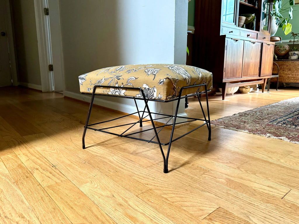 MCM Wire ottoman | Mid Century Modern Wire Footstool | Wire Footrest | Cushioned Ottoman | Floral Print Ottoman