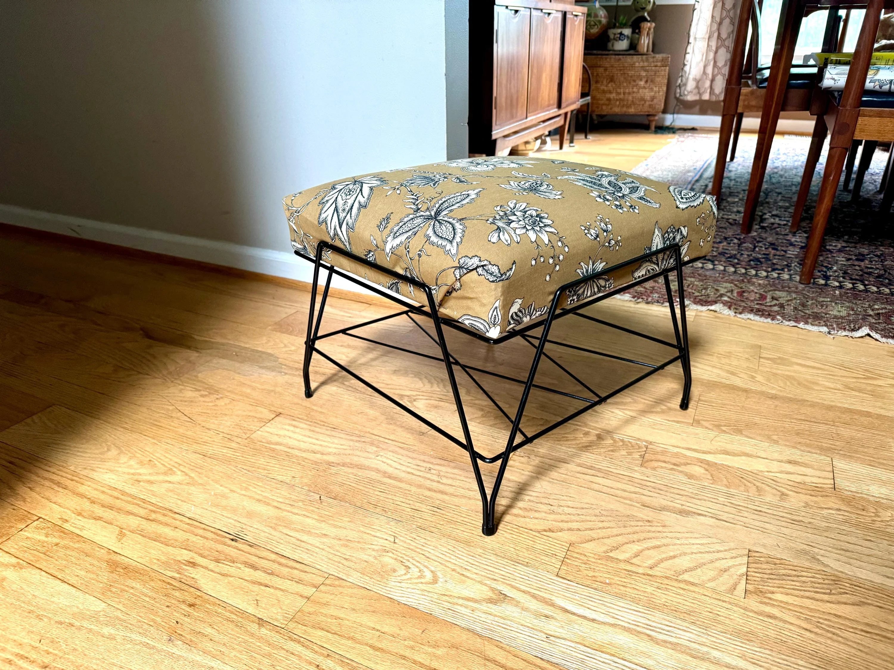 MCM Wire ottoman | Mid Century Modern Wire Footstool | Wire Footrest | Cushioned Ottoman | Floral Print Ottoman