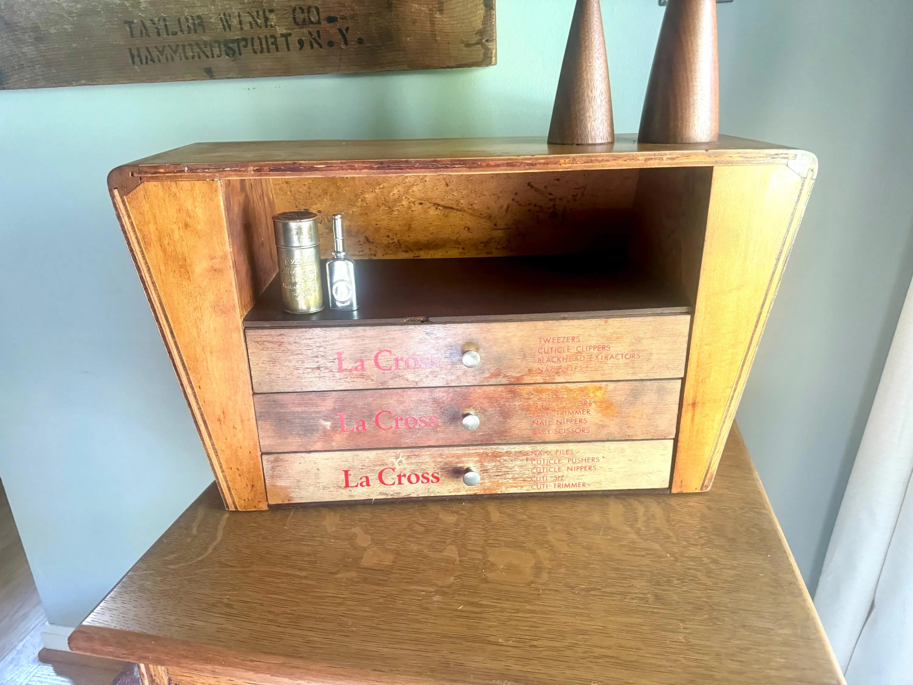 An Art Deco La Cross Salon Cabinet | Vintage Salon Wood Display Cabinet | Unique Countertop Storage Cabinet