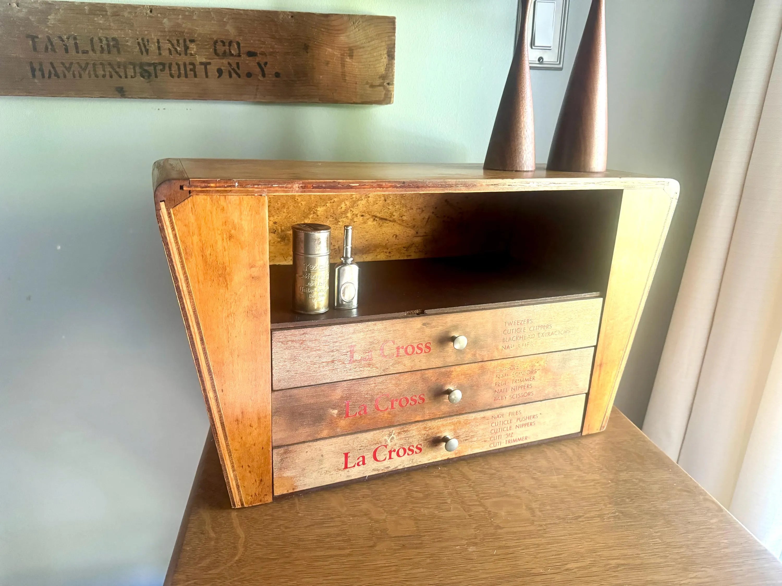 An Art Deco La Cross Salon Cabinet | Vintage Salon Wood Display Cabinet | Unique Countertop Storage Cabinet