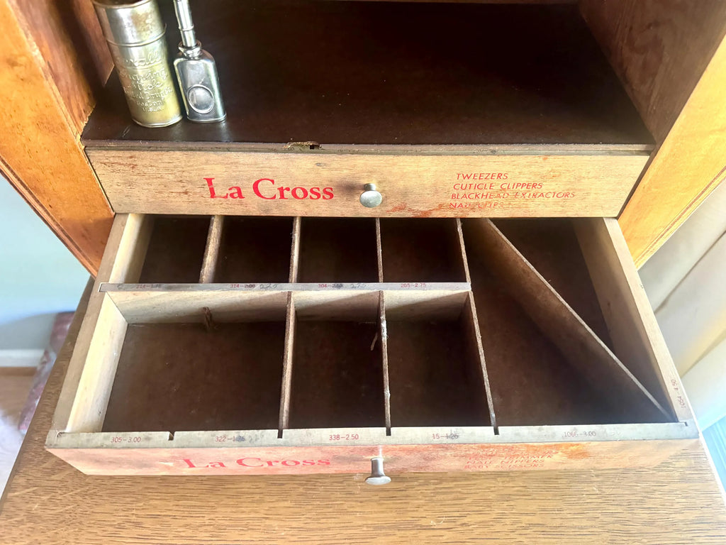 An Art Deco La Cross Salon Cabinet | Vintage Salon Wood Display Cabinet | Unique Countertop Storage Cabinet