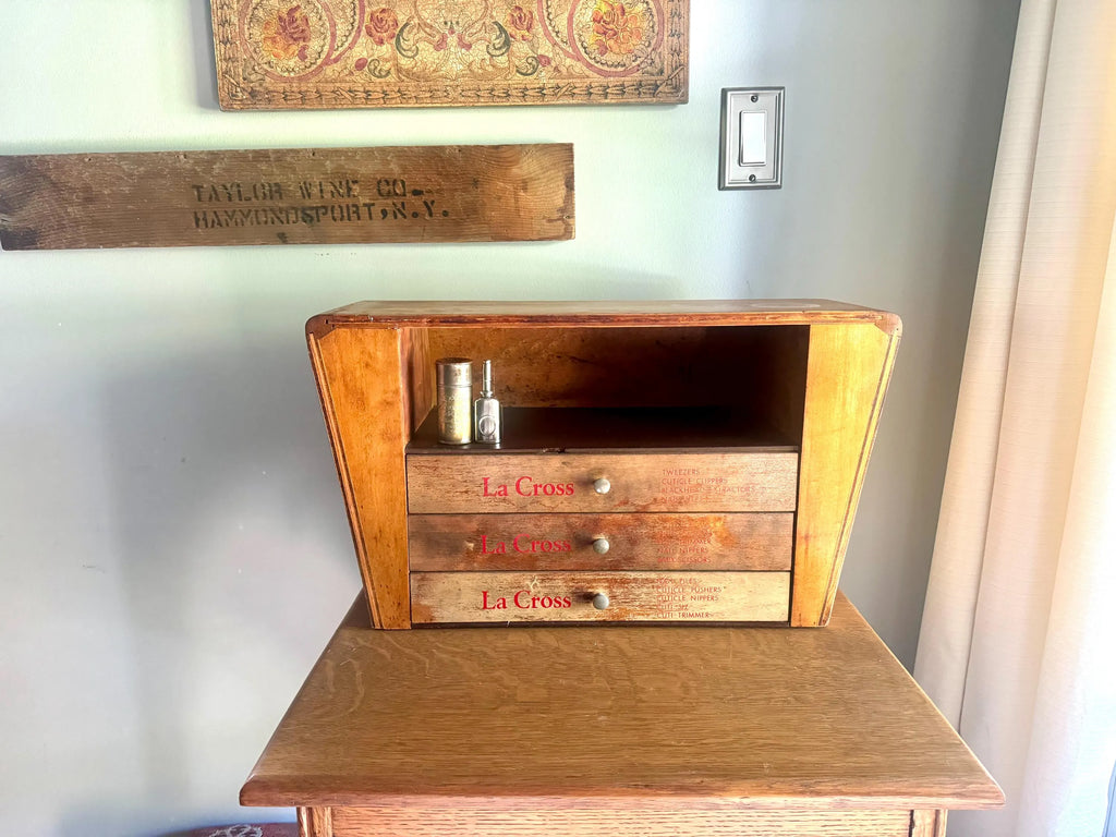 An Art Deco La Cross Salon Cabinet | Vintage Salon Wood Display Cabinet | Unique Countertop Storage Cabinet