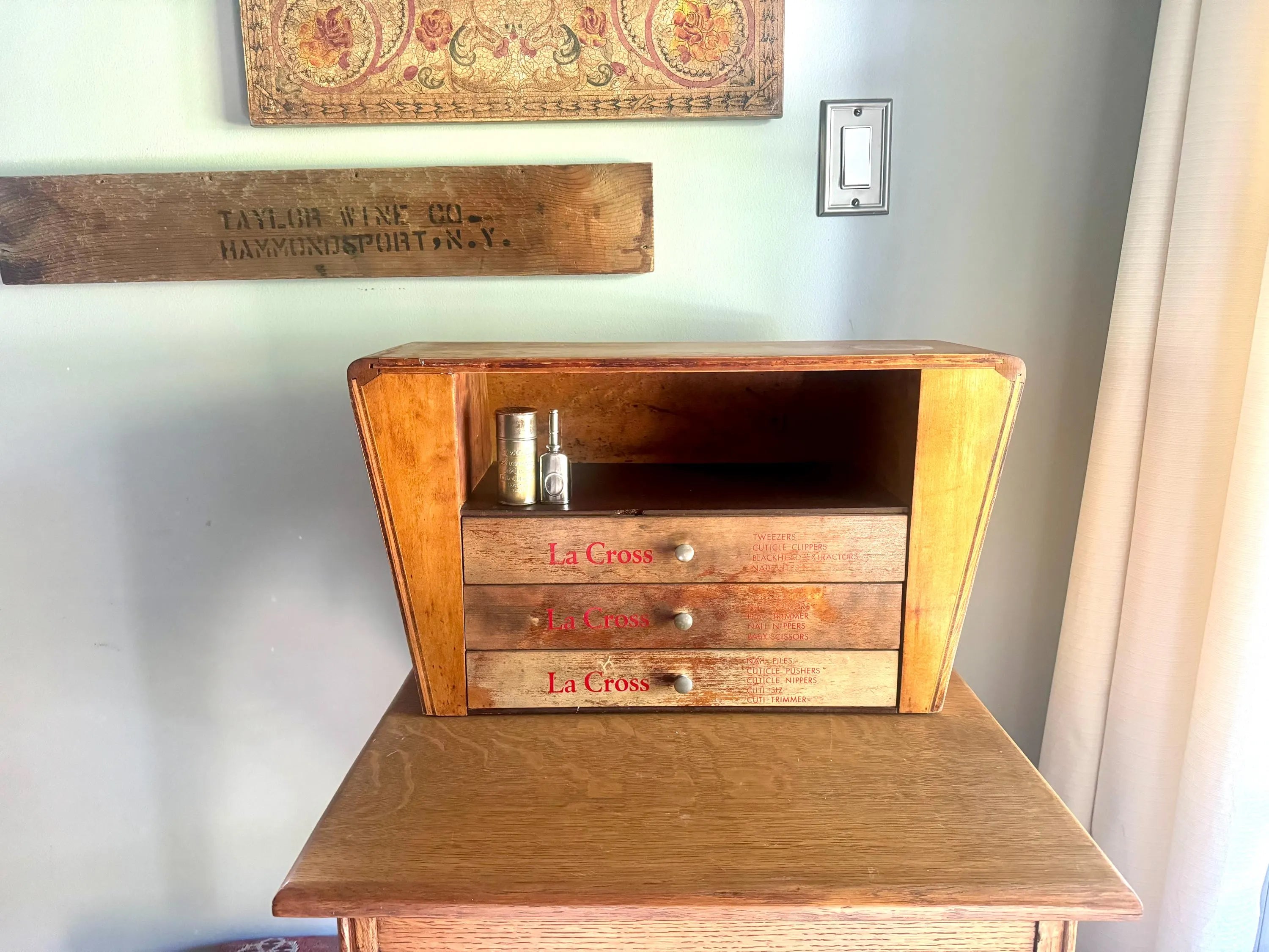An Art Deco La Cross Salon Cabinet | Vintage Salon Wood Display Cabinet | Unique Countertop Storage Cabinet