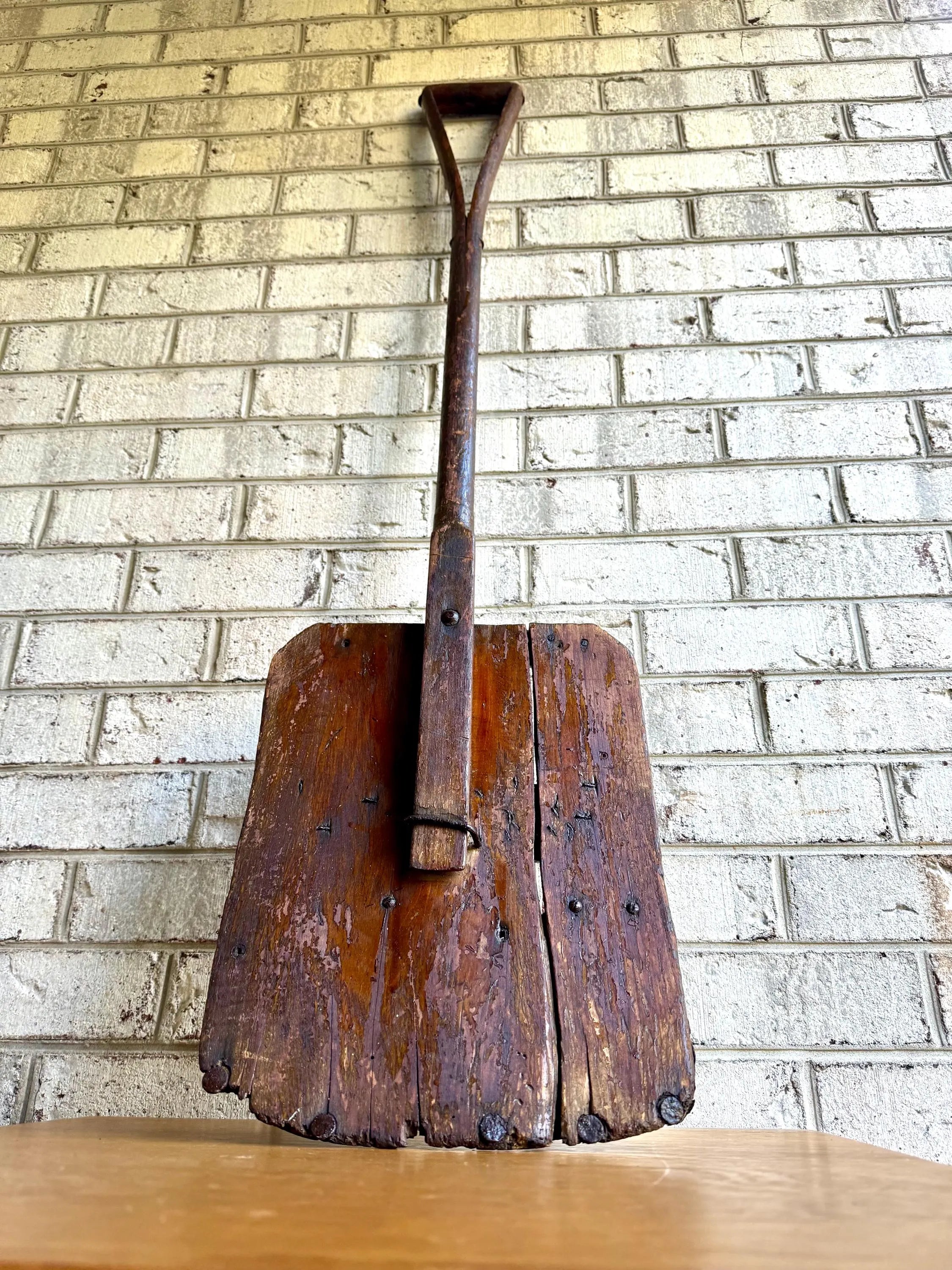 Antique Primitive Split Wood Handle Shovel | Distressed Antique Wood Shovel | Metal Lined Split Wood Handled Shovel