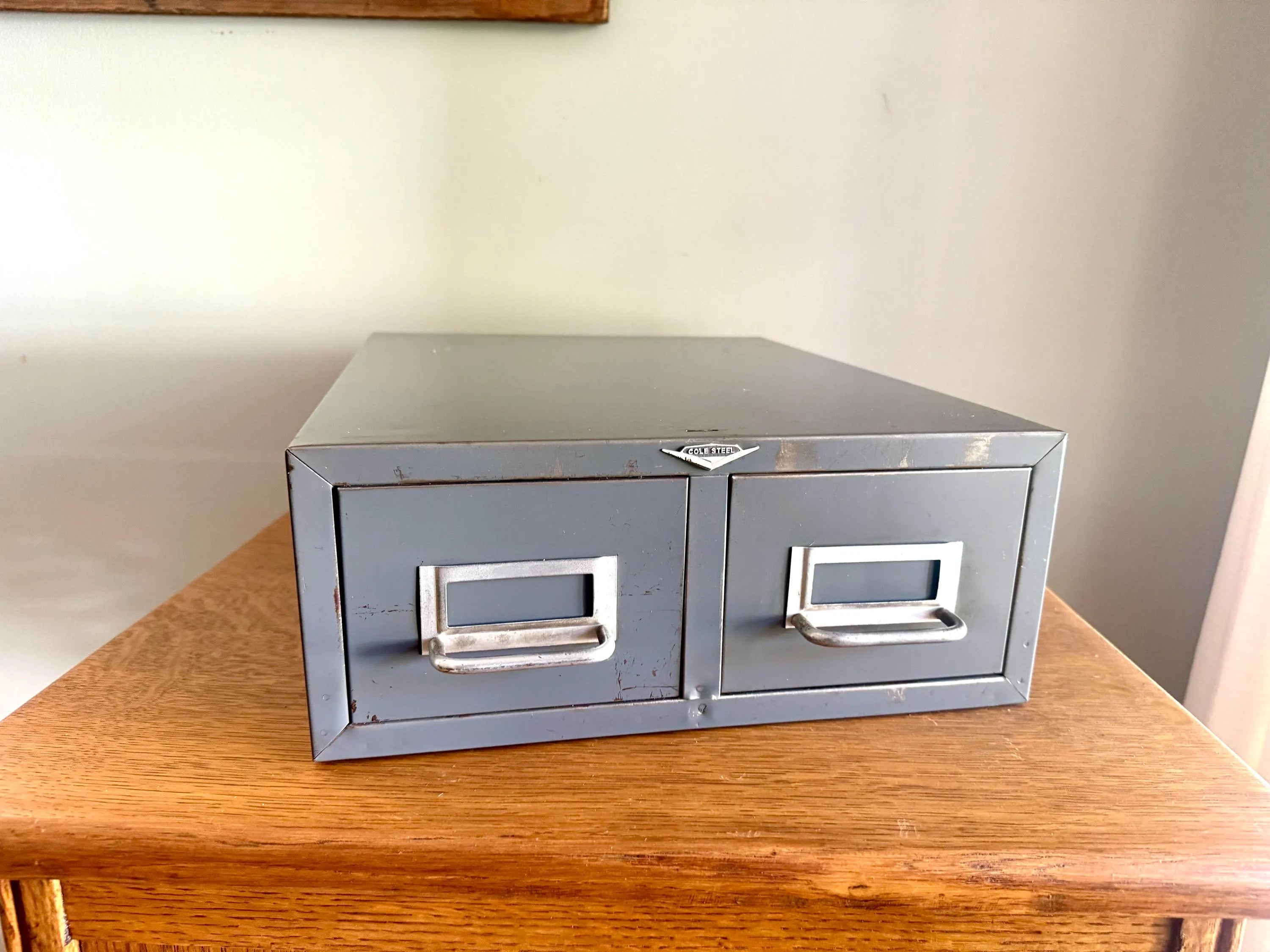 Rustic Cole-Steel Cabinet | Vintage Gray Metal Index Card Catalog | Double Drawer Storage | Industrial Storage Bin | Library Card Cabinet