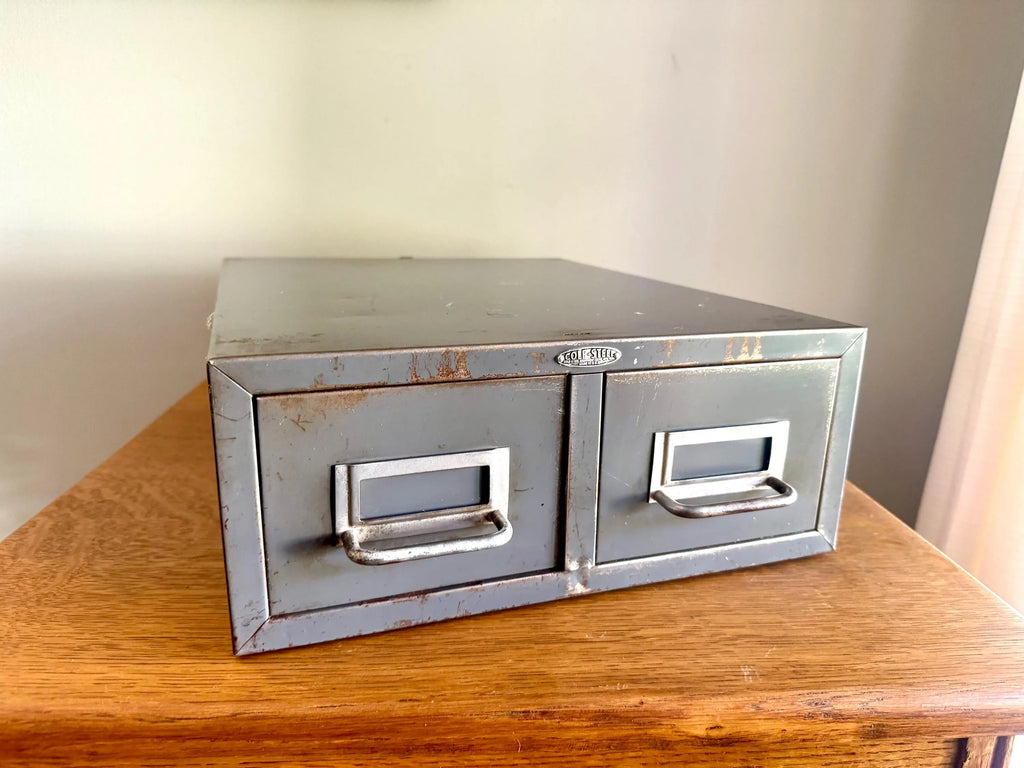 Vtg Rustic Cole-Steel Cabinet | Gray Metal Index Card Catalog | Double Drawer Storage | Industrial Storage Bin | Library Card Cabinet