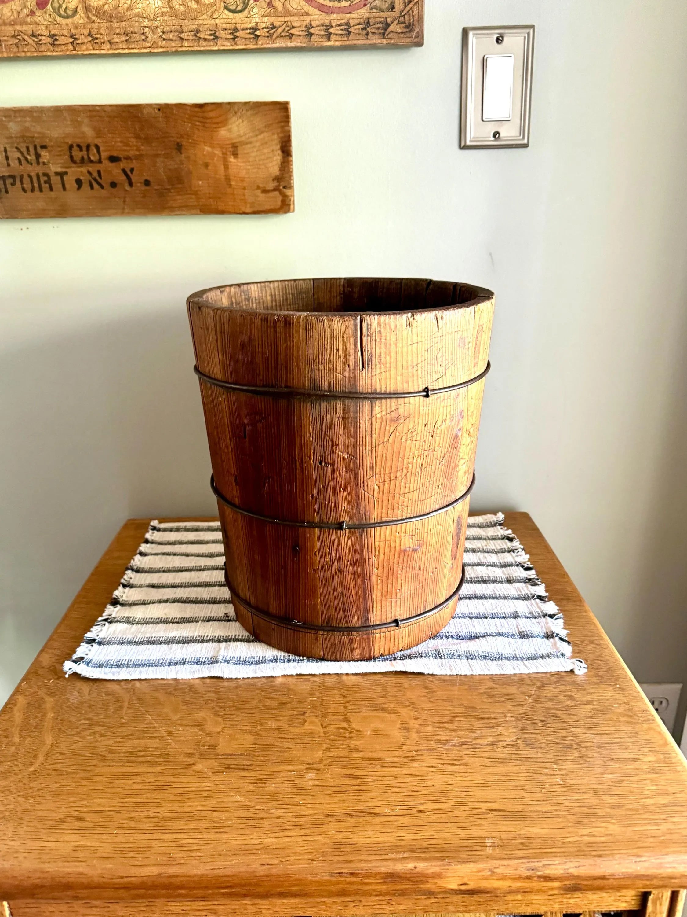 Antique Wood Slat Bucket | Wood and Wire Bucket Planter | Double Side Bucket | Small Wood Barrel Bucket | Western Bucket| Bucket Plant Stand