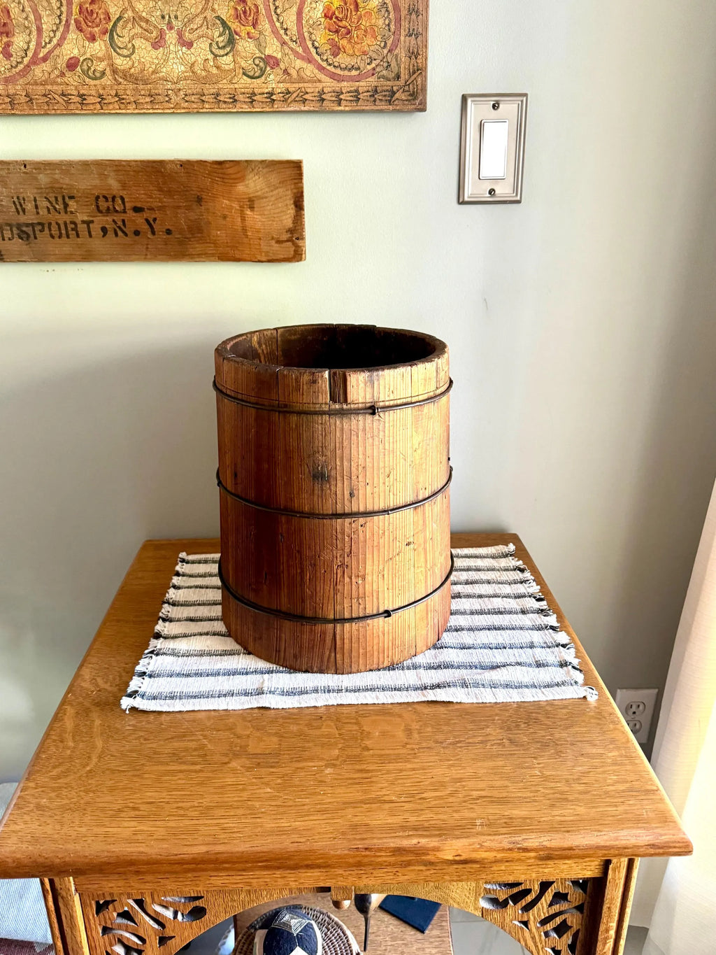 Antique Wood Slat Bucket | Wood and Wire Bucket Planter | Double Side Bucket | Small Wood Barrel Bucket | Western Bucket| Bucket Plant Stand